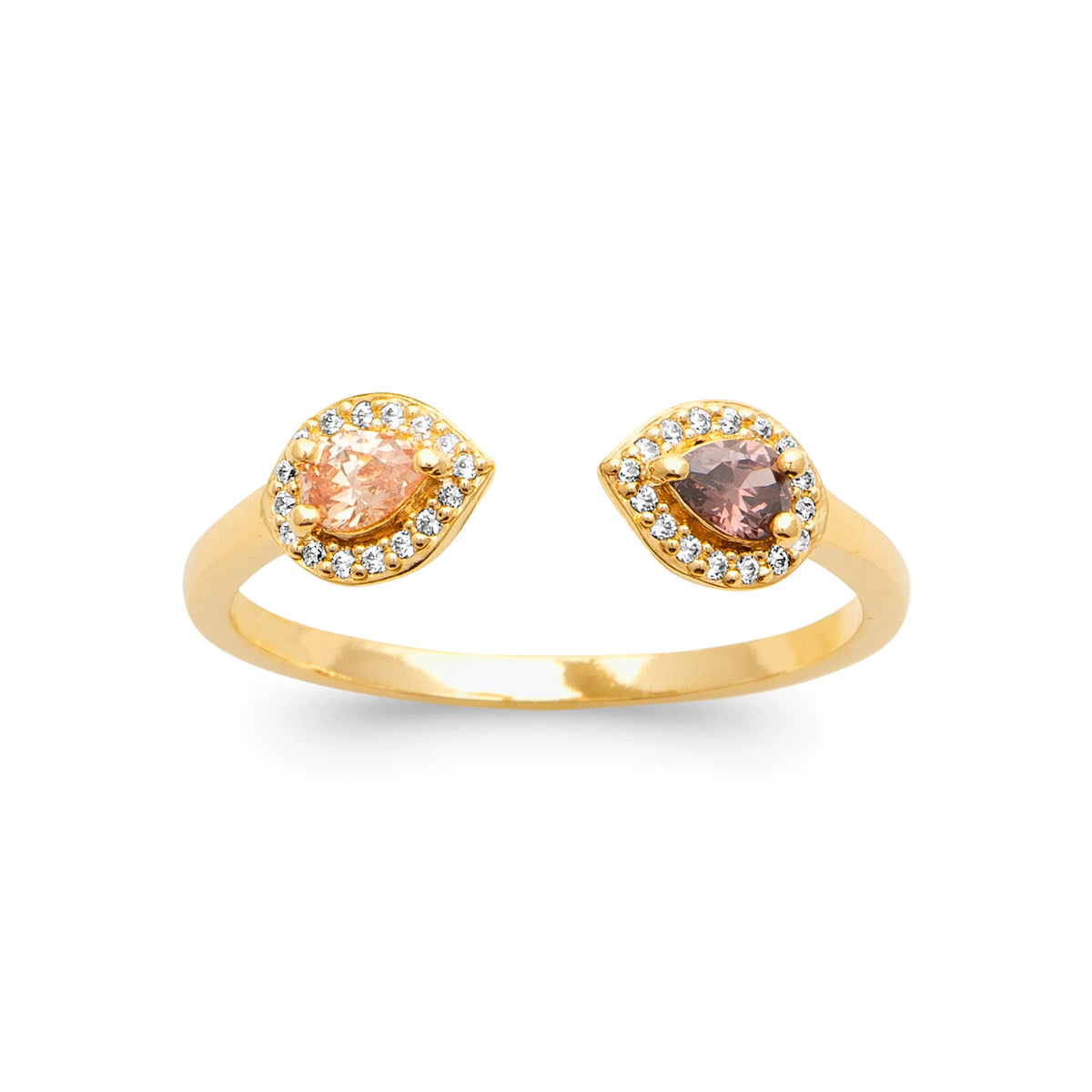 Bague ouverte toi et moi pierres pêche et cognac plaqué or, vue de face