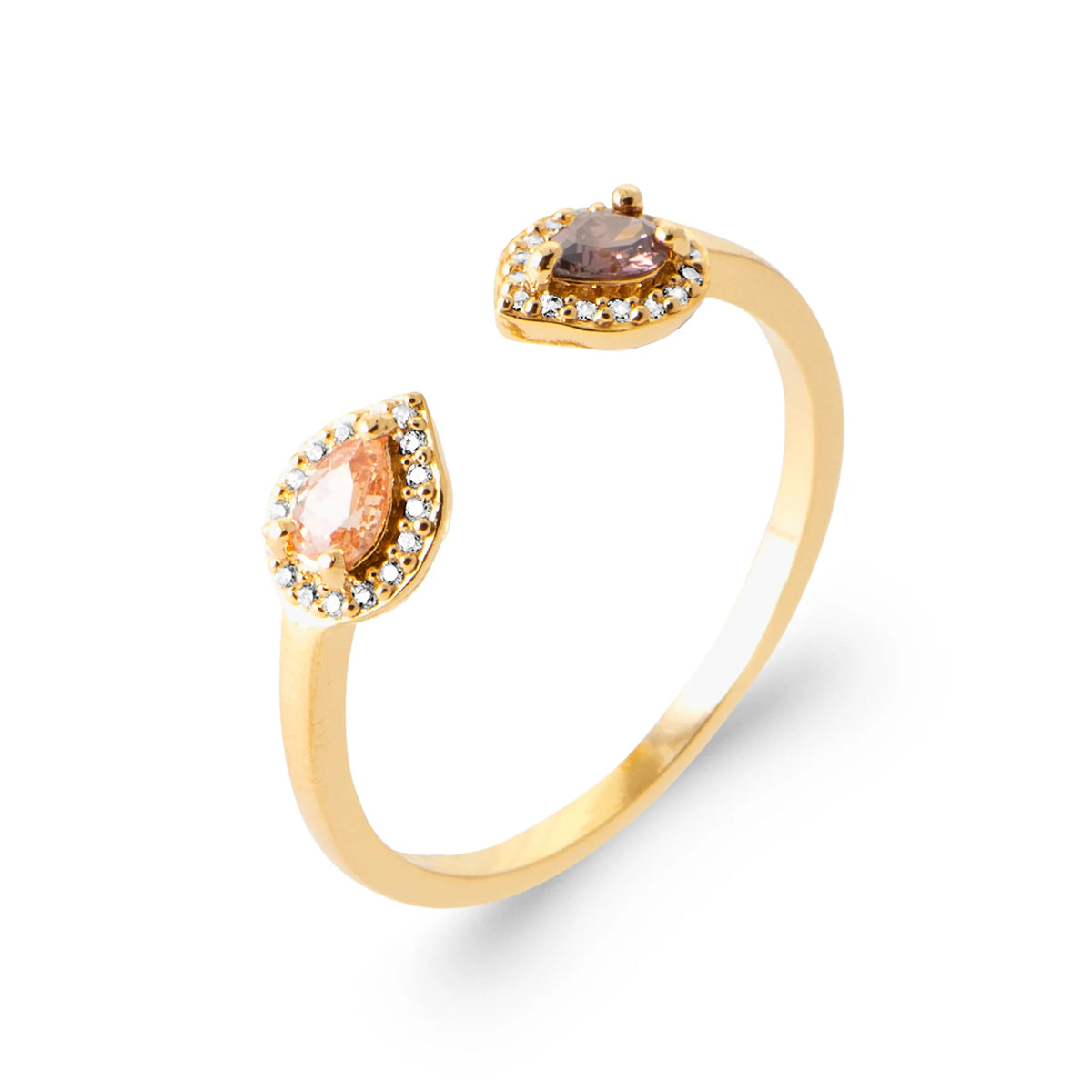 Bague ouverte toi et moi pierres pêche et cognac en plaqué or, vue de trois quarts