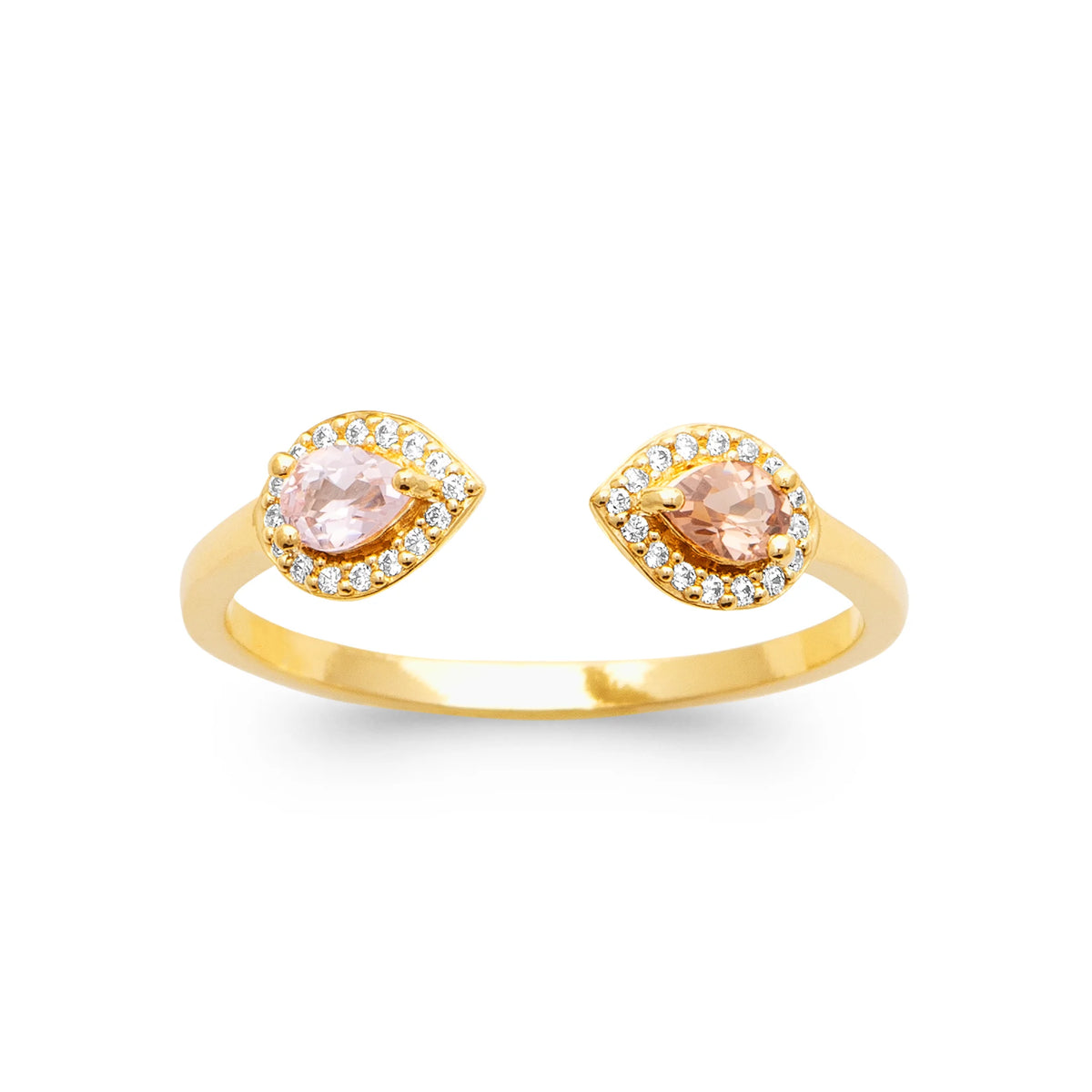 Bague ouverte toi et moi pierres rose et champagne en plaqué or