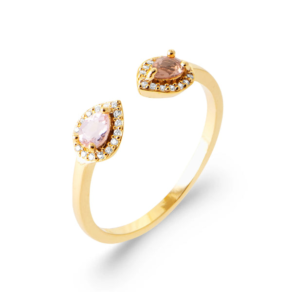 Bague ouverte toi et moi pierres rose et champagne en plaqué or, vue de trois quarts