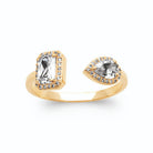 Bague ouverte toi et moi zircon rectangulaire et zircon poire en halos en plaqué or