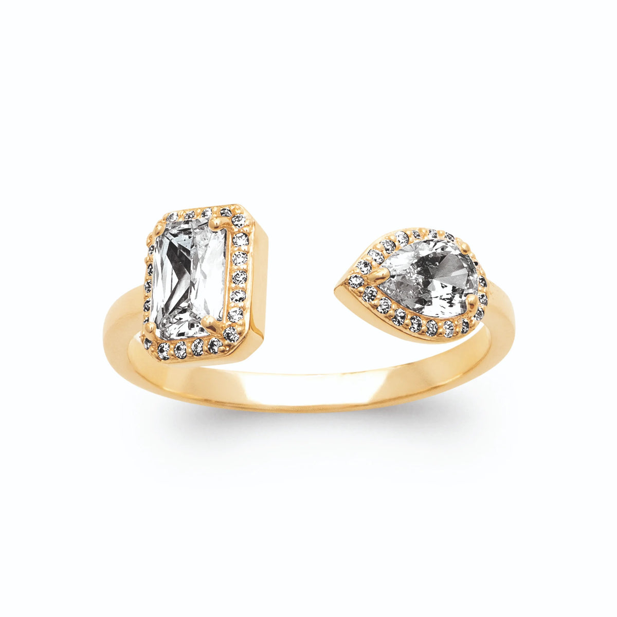 Bague ouverte toi et moi zircon rectangulaire et zircon poire en halos en plaqué or