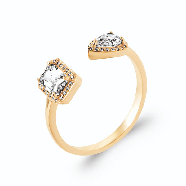 Bague ouverte toi et moi zircon rectangulaire et zircon poire en halos en plaqué or