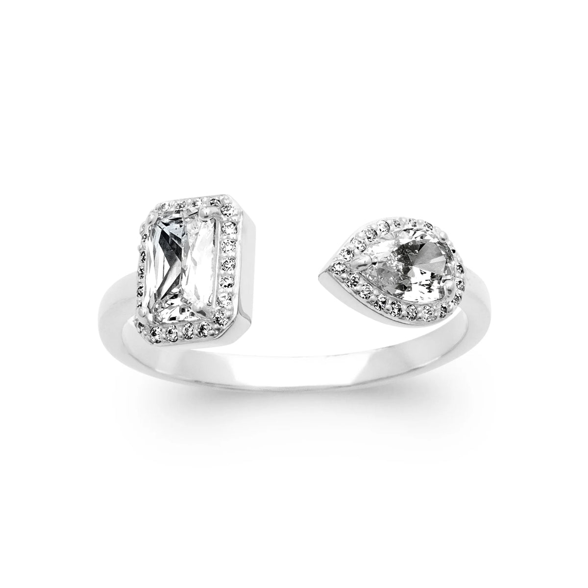 Bague ouverte toi et moi zircons carré et poire en halo en argent 925, vue de face
