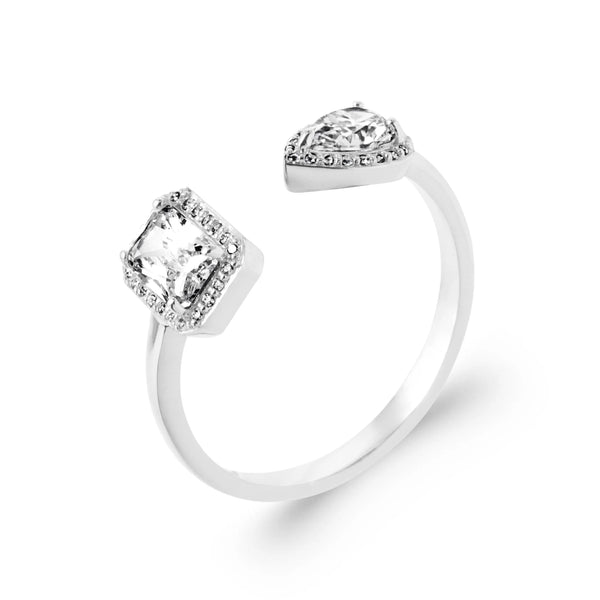 Bague ouverte toi et moi zircons carré et poire en halo en argent 925
