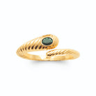 Bague ouverte torsadée en spirale et pierre ovale vert émeraude plaqué or, vue de face