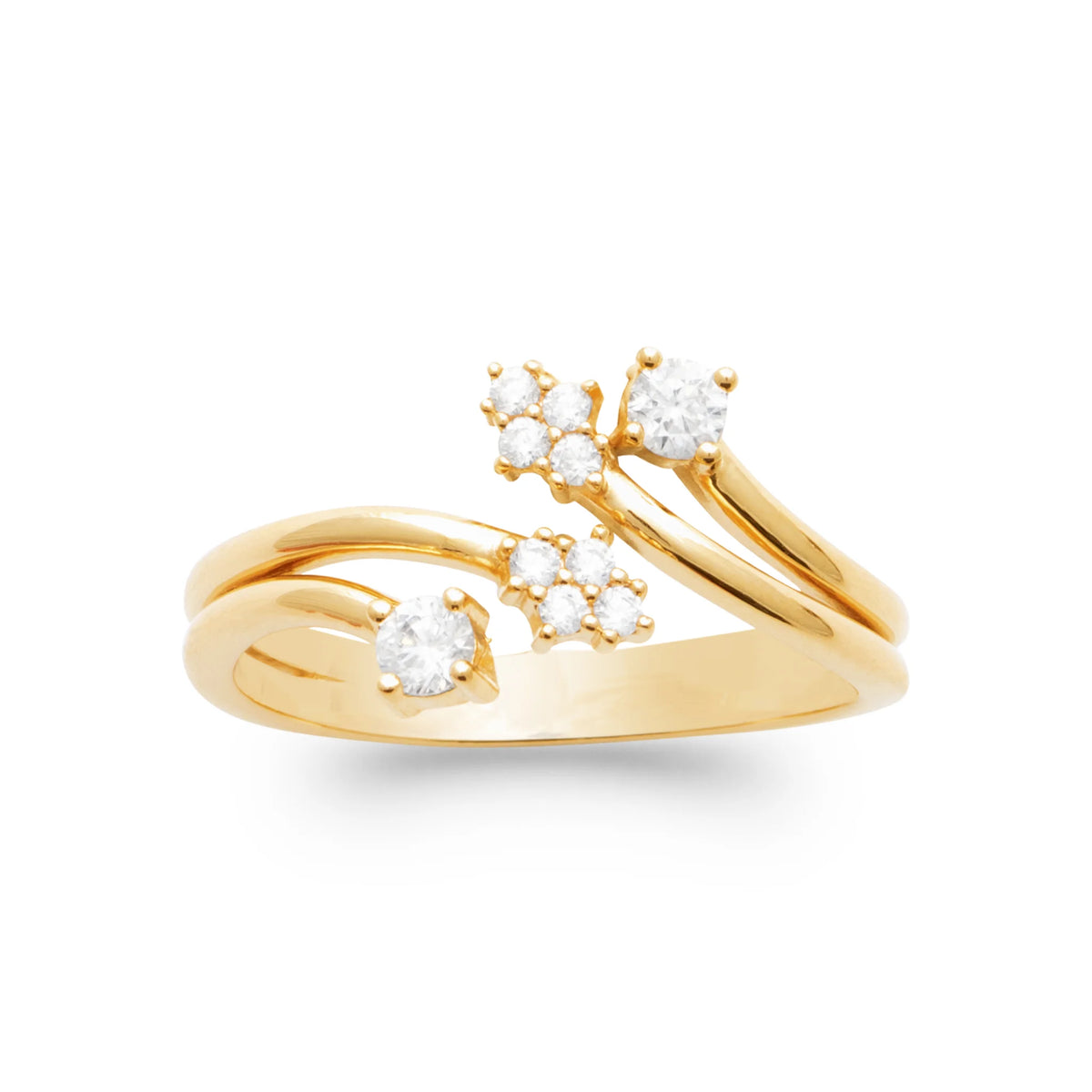 Bague ouverte trois branches à fleurettes de zircons plaqué or, vue de face