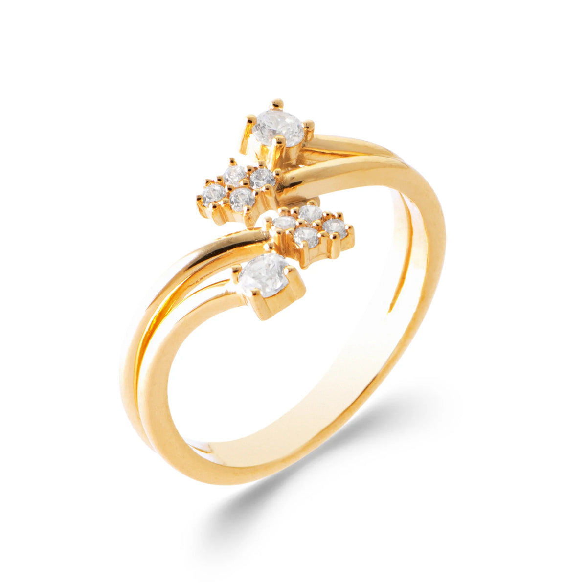 Bague ouverte trois branches à fleurettes de zircons en plaqué or, vue de trois quarts