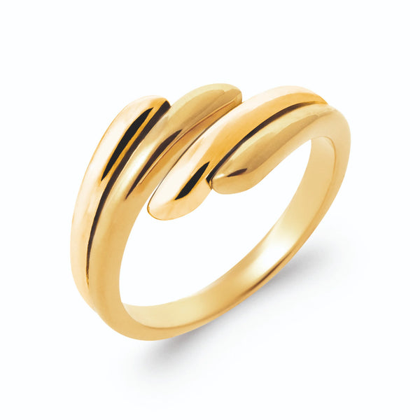 Bague ouverte trois rangs de gouttes polies sans pierre en plaqué or, vue de trois quarts