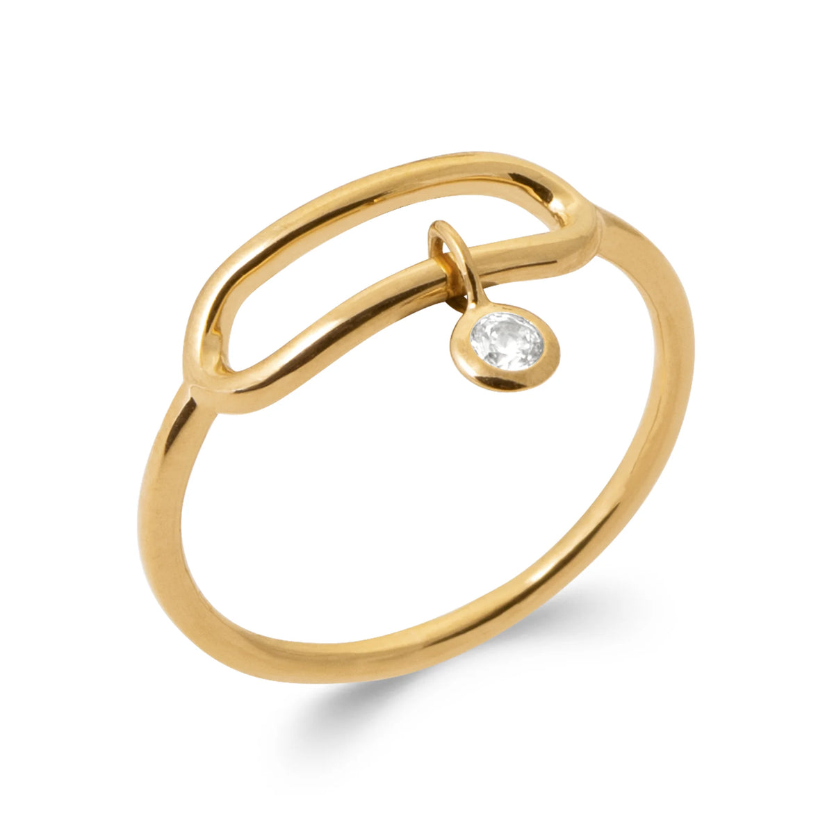 Bague ovale ouvert en fil d’or et zircon en pampille en plaqué or, vue de trois quarts