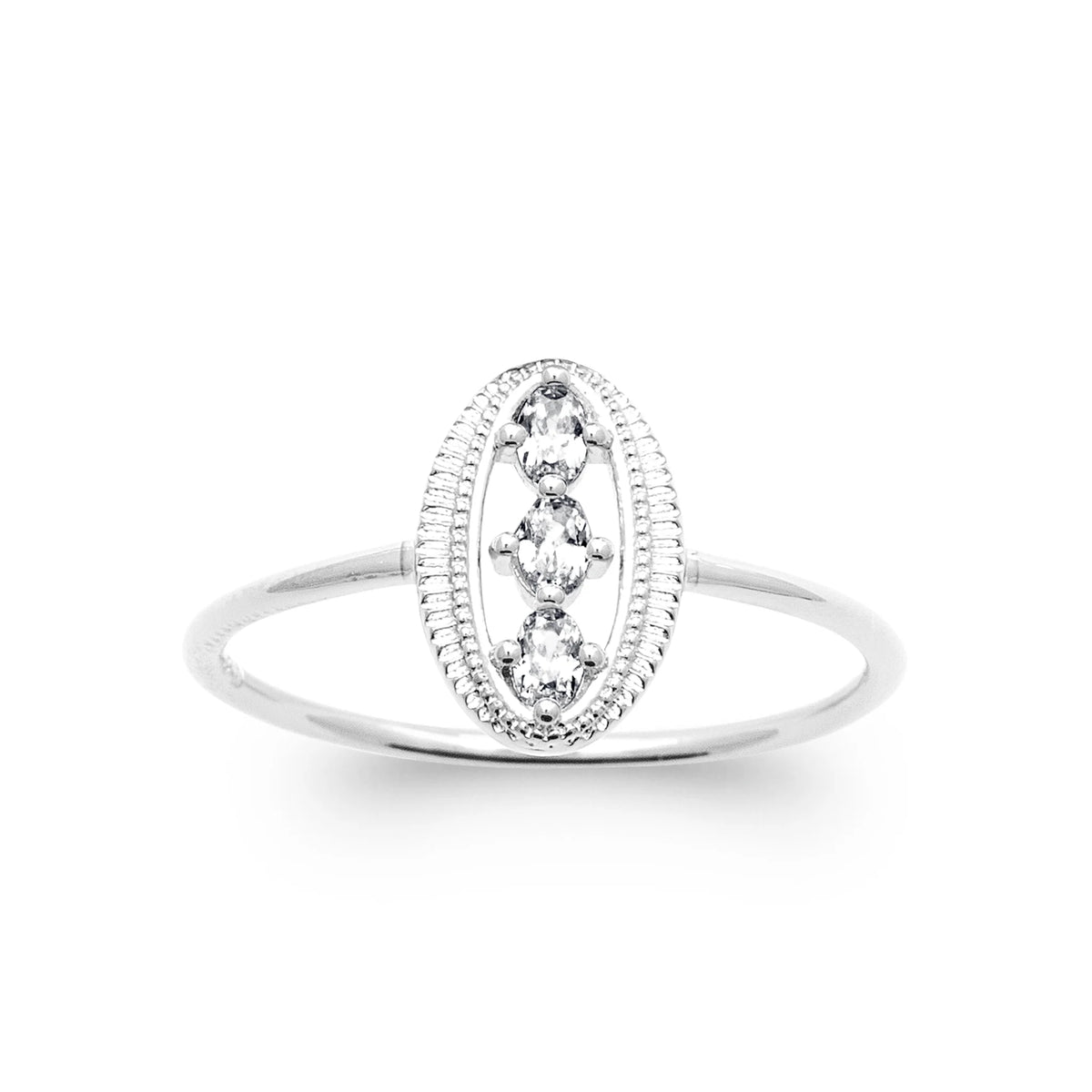 Bague ovale perlée et zircon navette en argent 925, vue de face