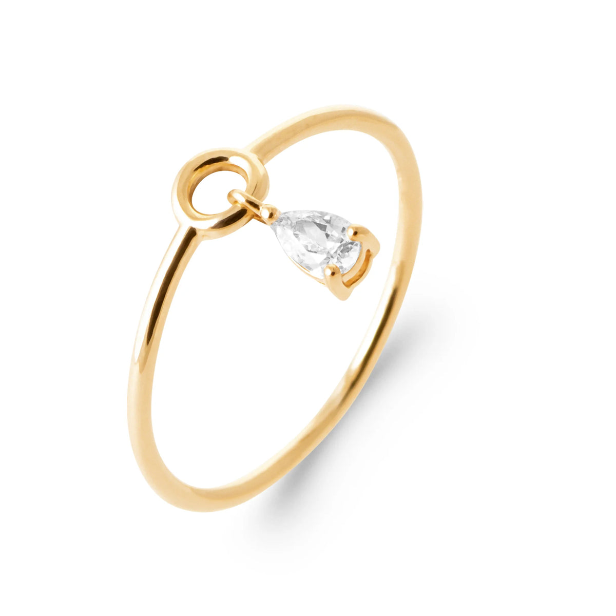 Bague pampille zircon poire suspendue sur anneau fin en plaqué or