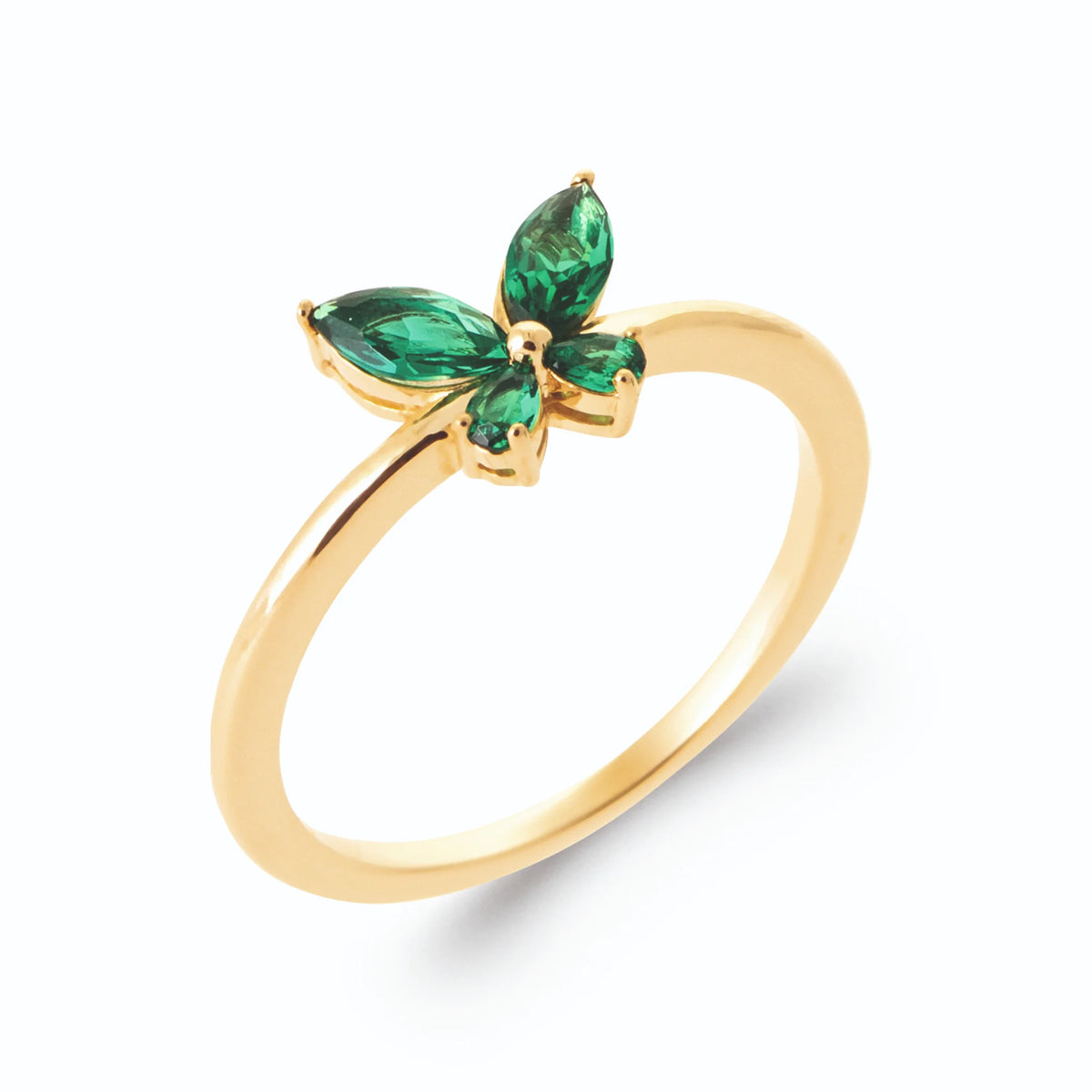 Bague papillon de pierres navettes vert intense en plaqué or