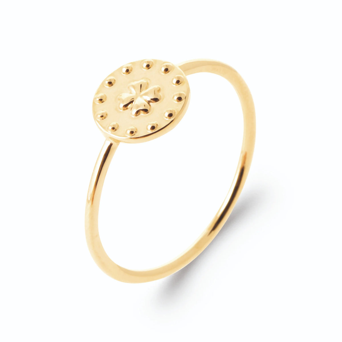 Bague pastille perlée et petite fleur en relief en plaqué or
