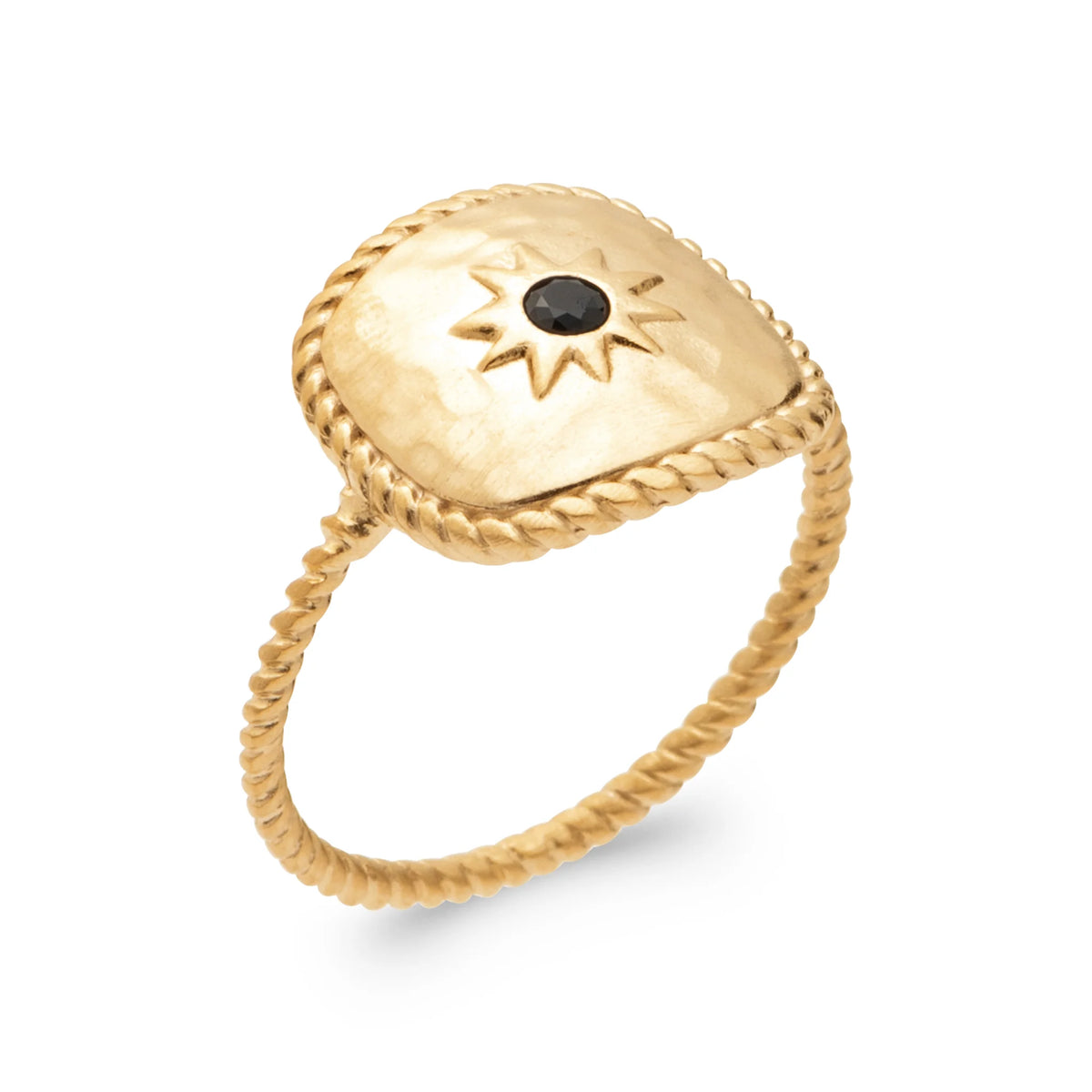 Bague pastille rayonnante ciselée et petite pierre noire sur anneau torsadé en plaqué or