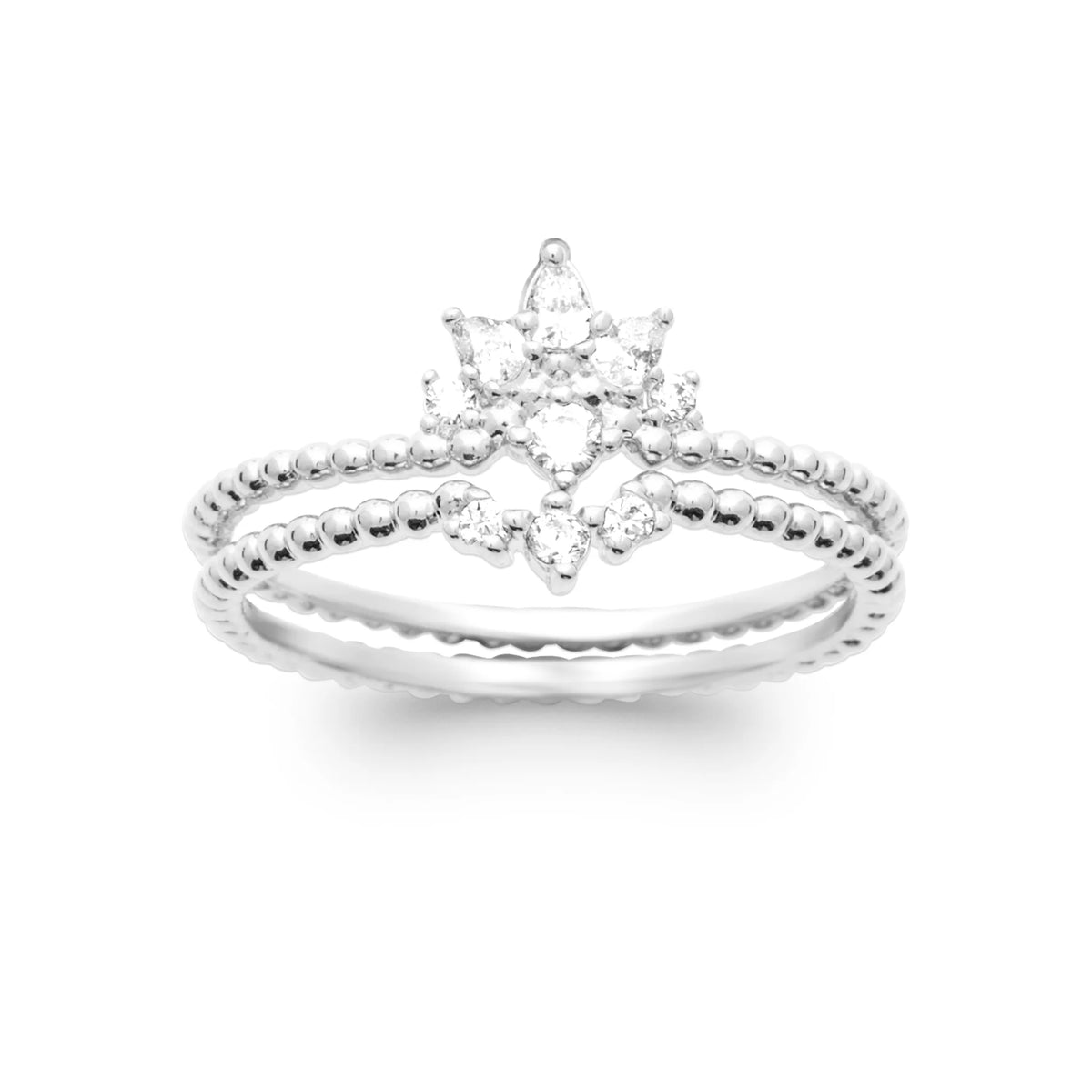 Bague perlée et fleur de zircons en argent 925, vue de face