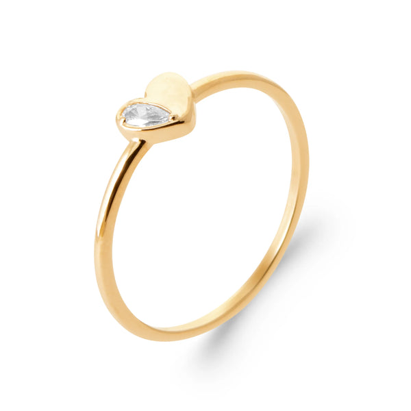 Bague petit cœur mi-or poli mi-zircon poire en plaqué or, vue de trois quarts
