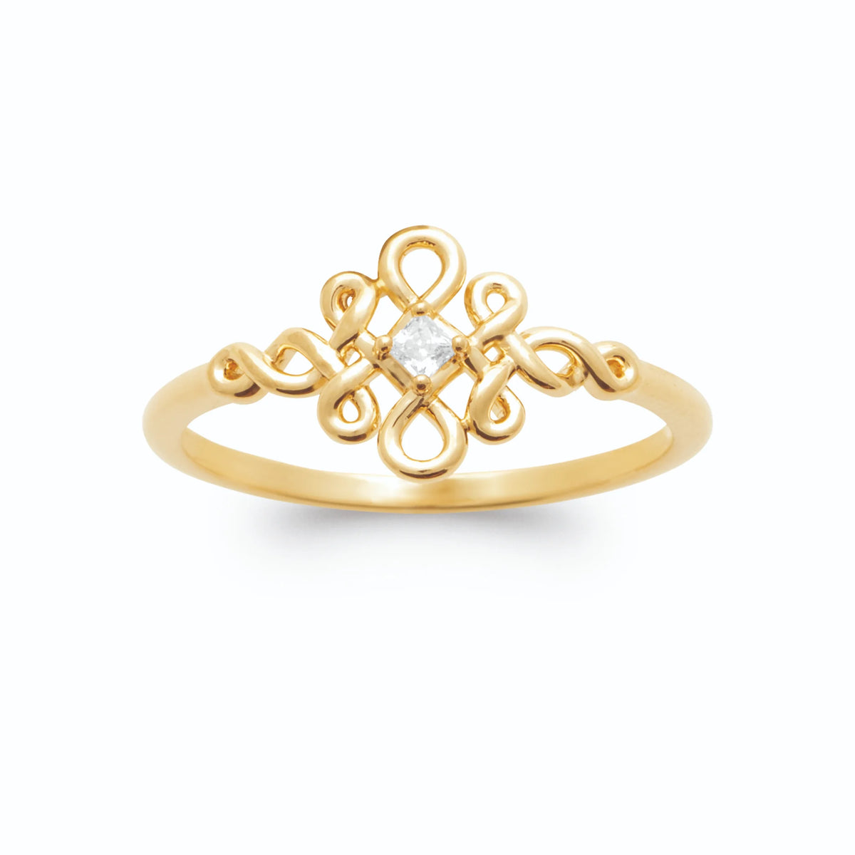 Bague petit nœud en arabesques et zircon central en plaqué or