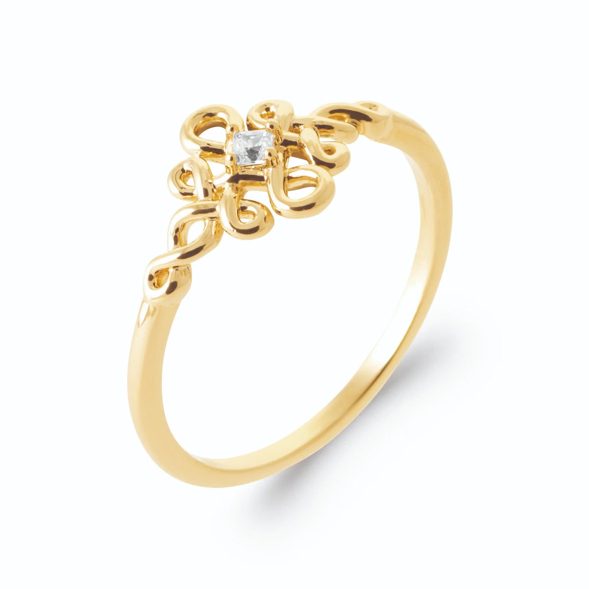 Bague petit nœud en arabesques et zircon central en plaqué or