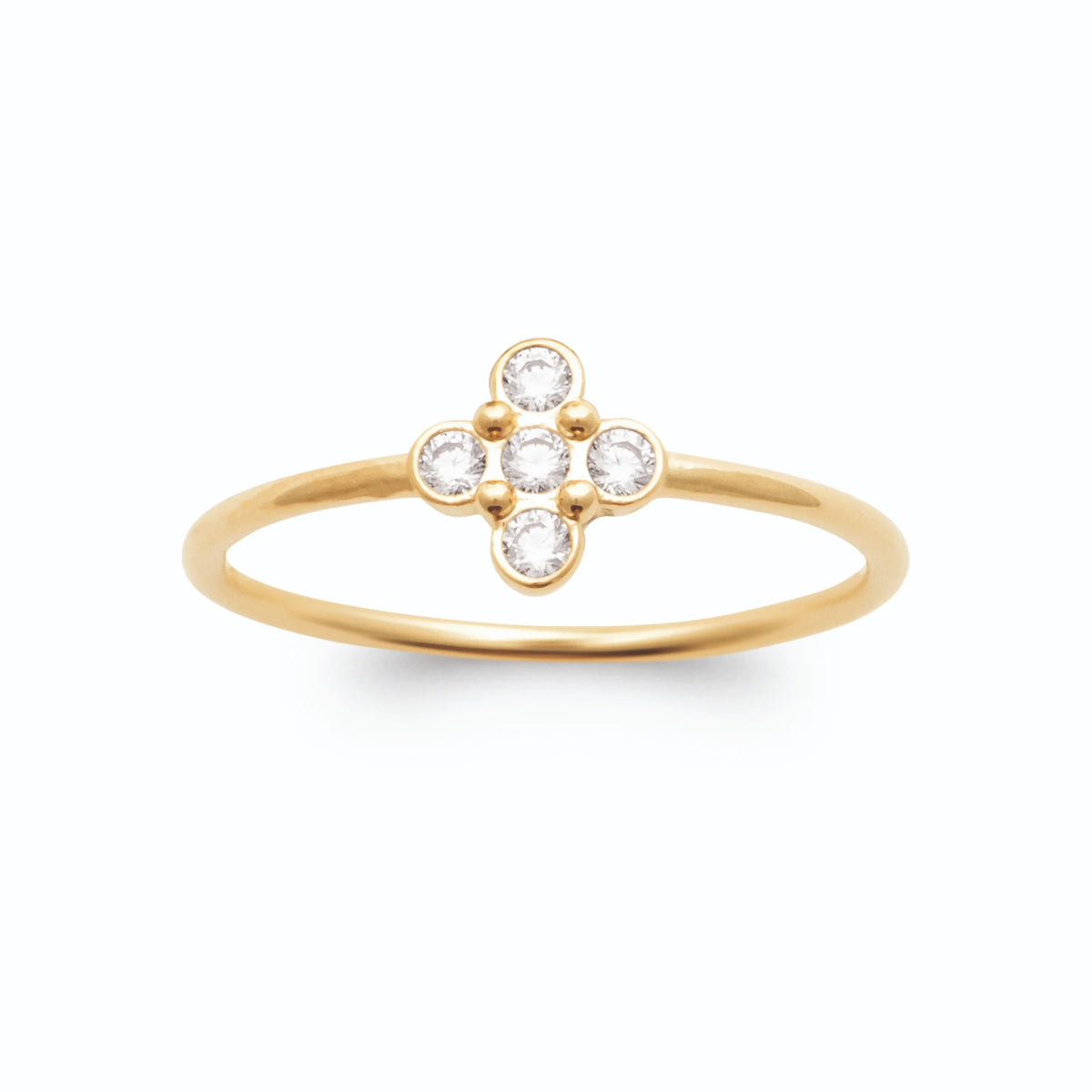 Bague petite croix de cinq zircons en serti clos en plaqué or
