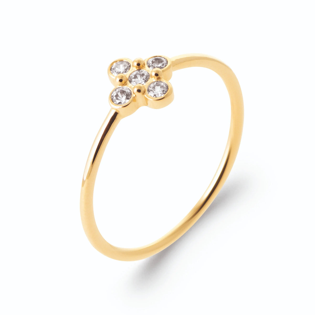 Bague petite croix de cinq zircons en serti clos en plaqué or