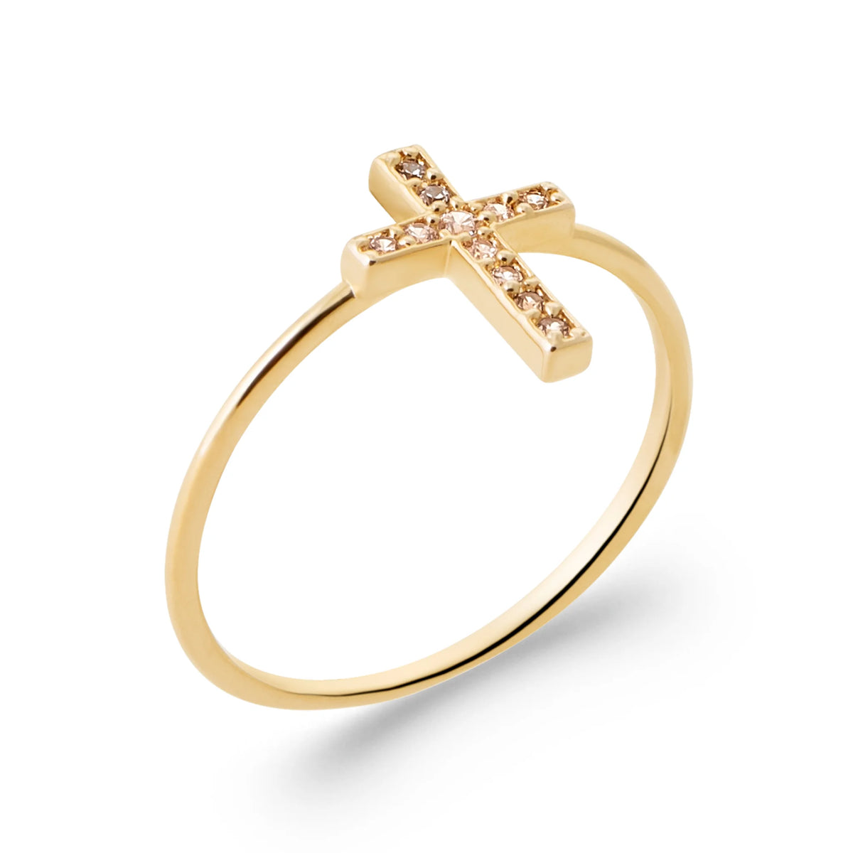 Bague petite croix pavée de zircons sur anneau fin en plaqué or