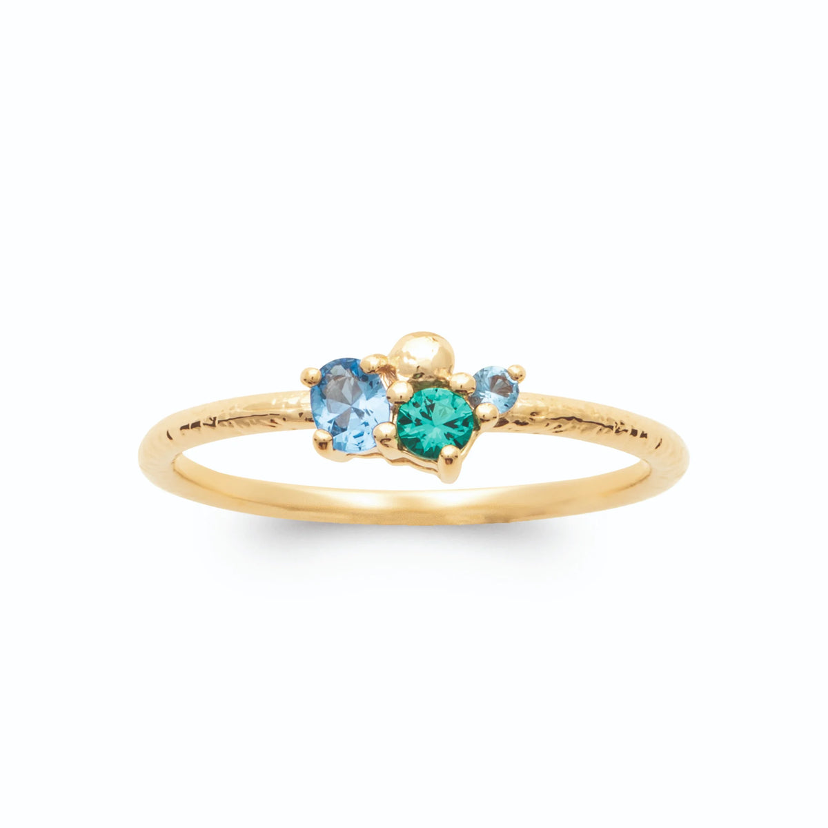 Bague petite grappe pierres bleu ciel et vert intense en plaqué or