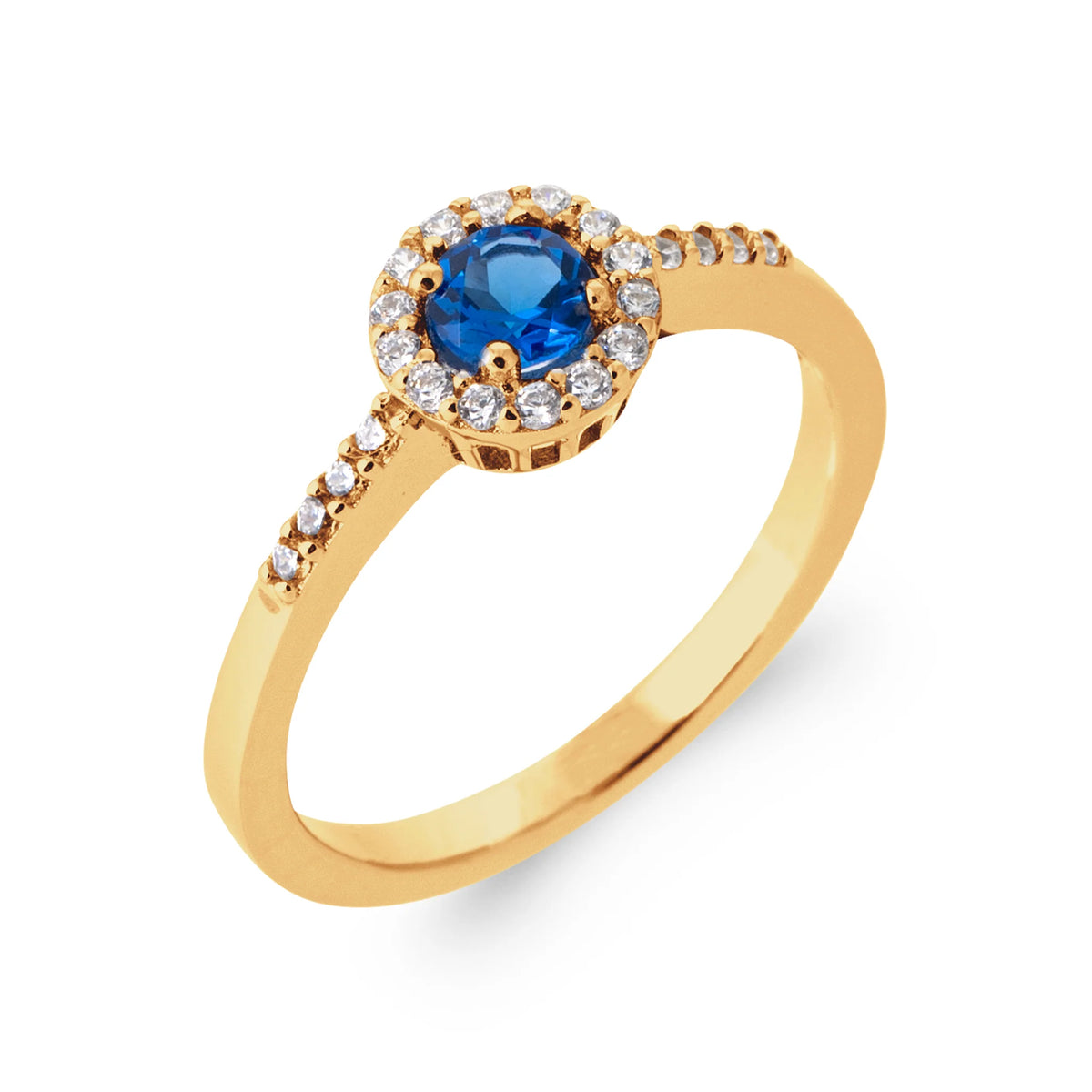 Bague petite pierre ronde bleu nuit et épaules pavées en plaqué or, vue de trois quarts