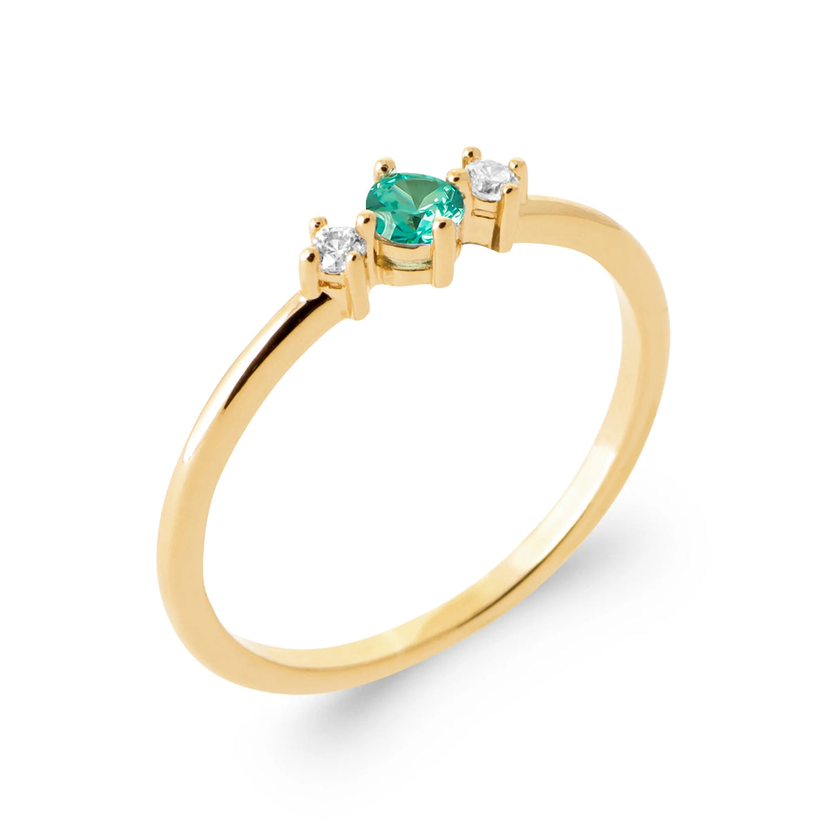 Bague petite pierre vert d’eau entre deux zircons en plaqué or