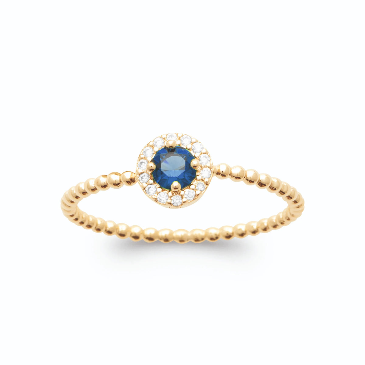 Bague pierre bleu nuit entourée de zircons et anneau perlé en plaqué or