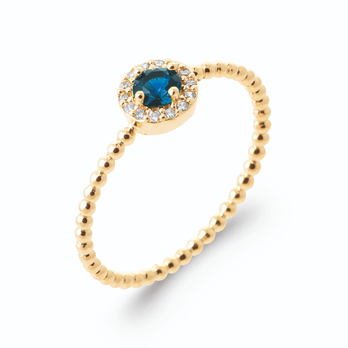 Bague pierre bleu nuit entourée de zircons et anneau perlé en plaqué or