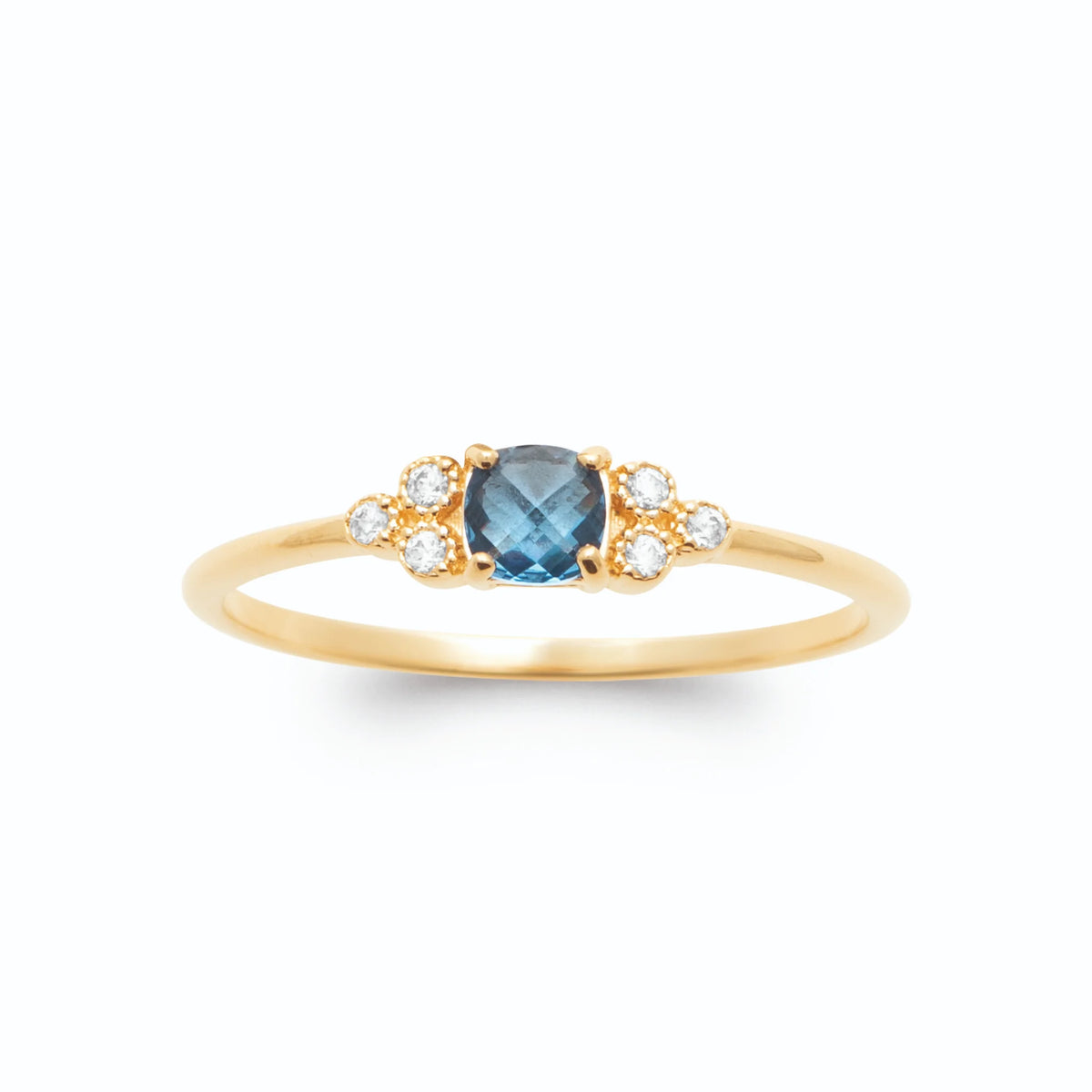 Bague pierre carrée bleu profond et grappes de zircons plaqué or, vue de face