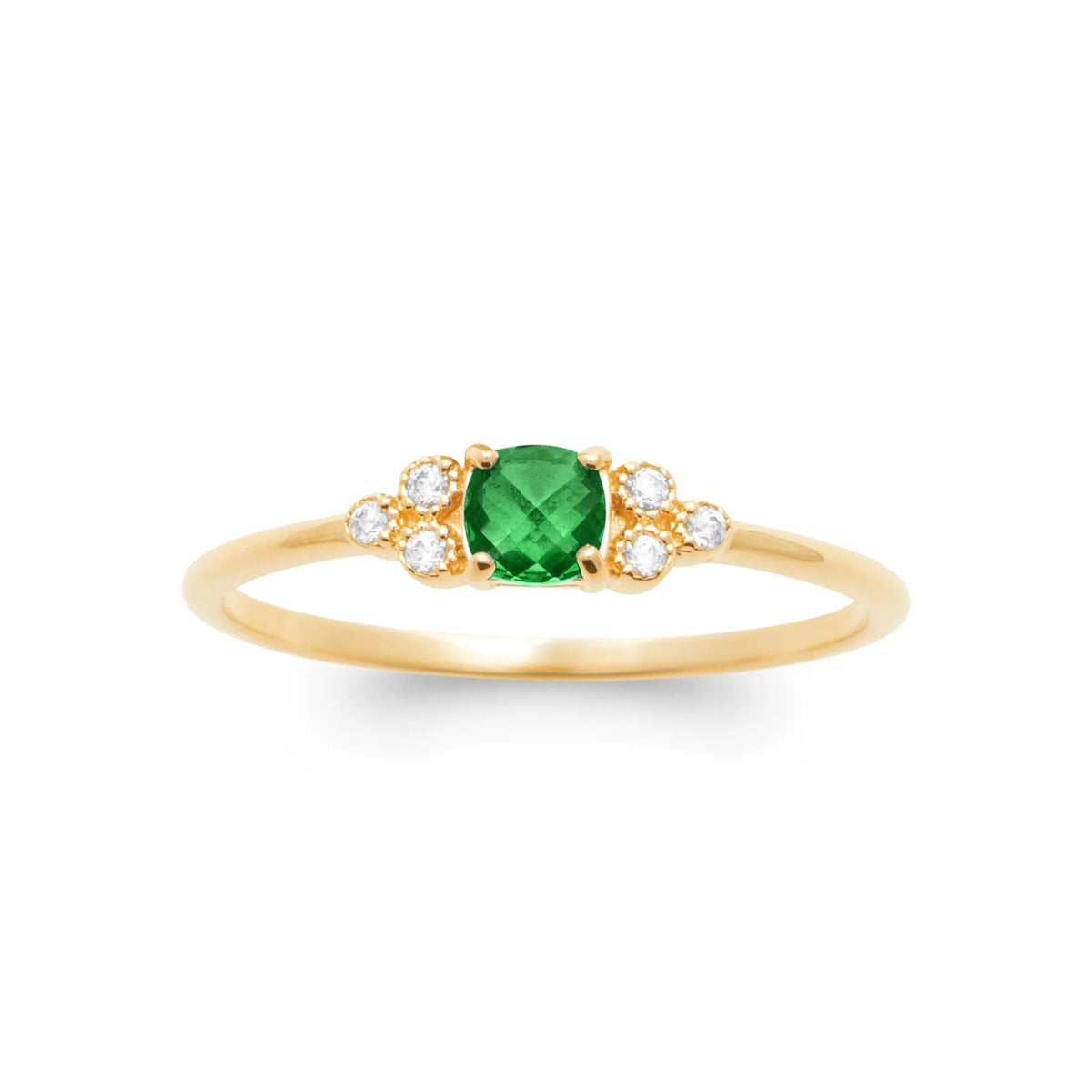 Bague pierre carrée vert émeraude et grappes de zircons plaqué or, vue de face