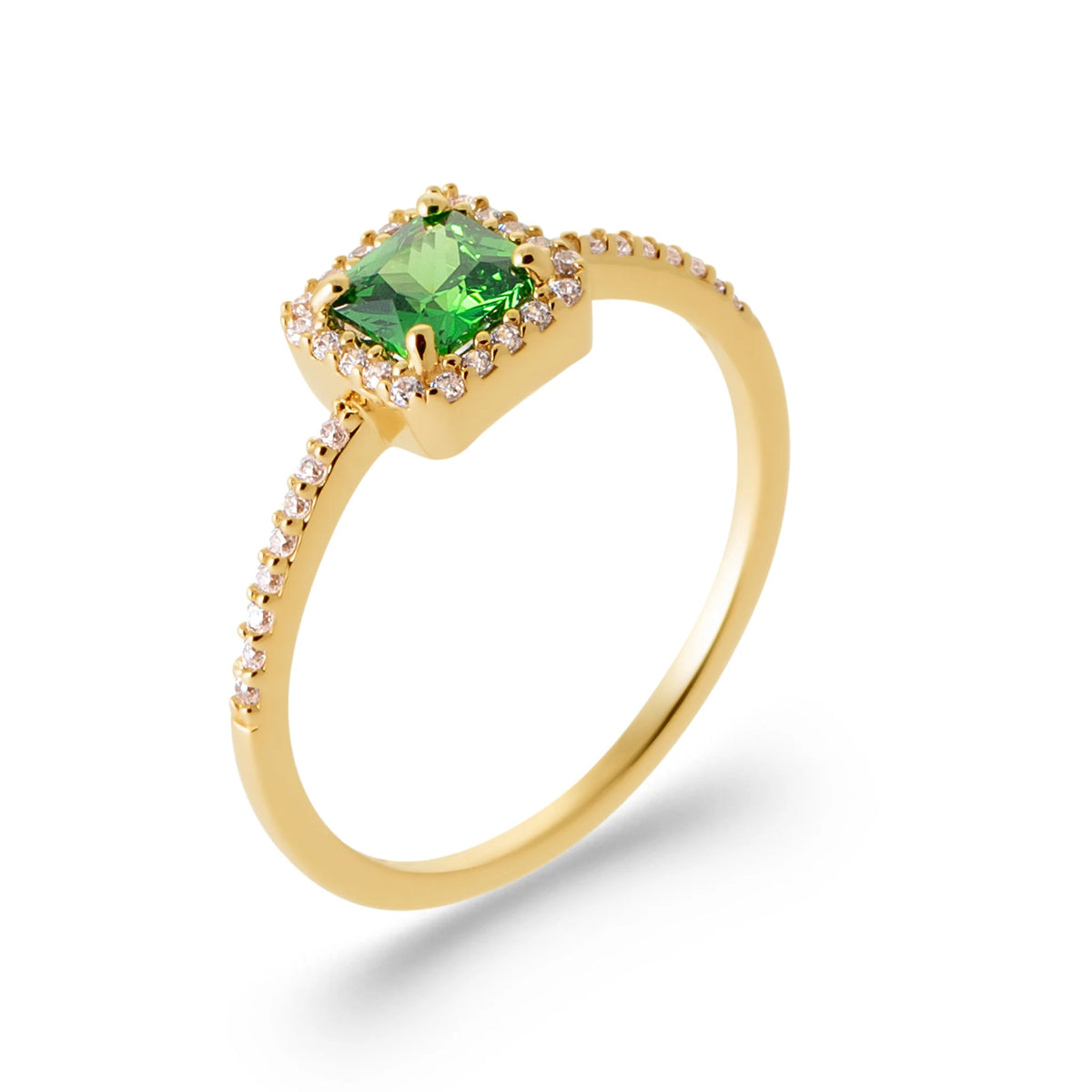 Bague pierre carrée vert profond entourage de zircons et anneau demi-pavé en plaqué or
