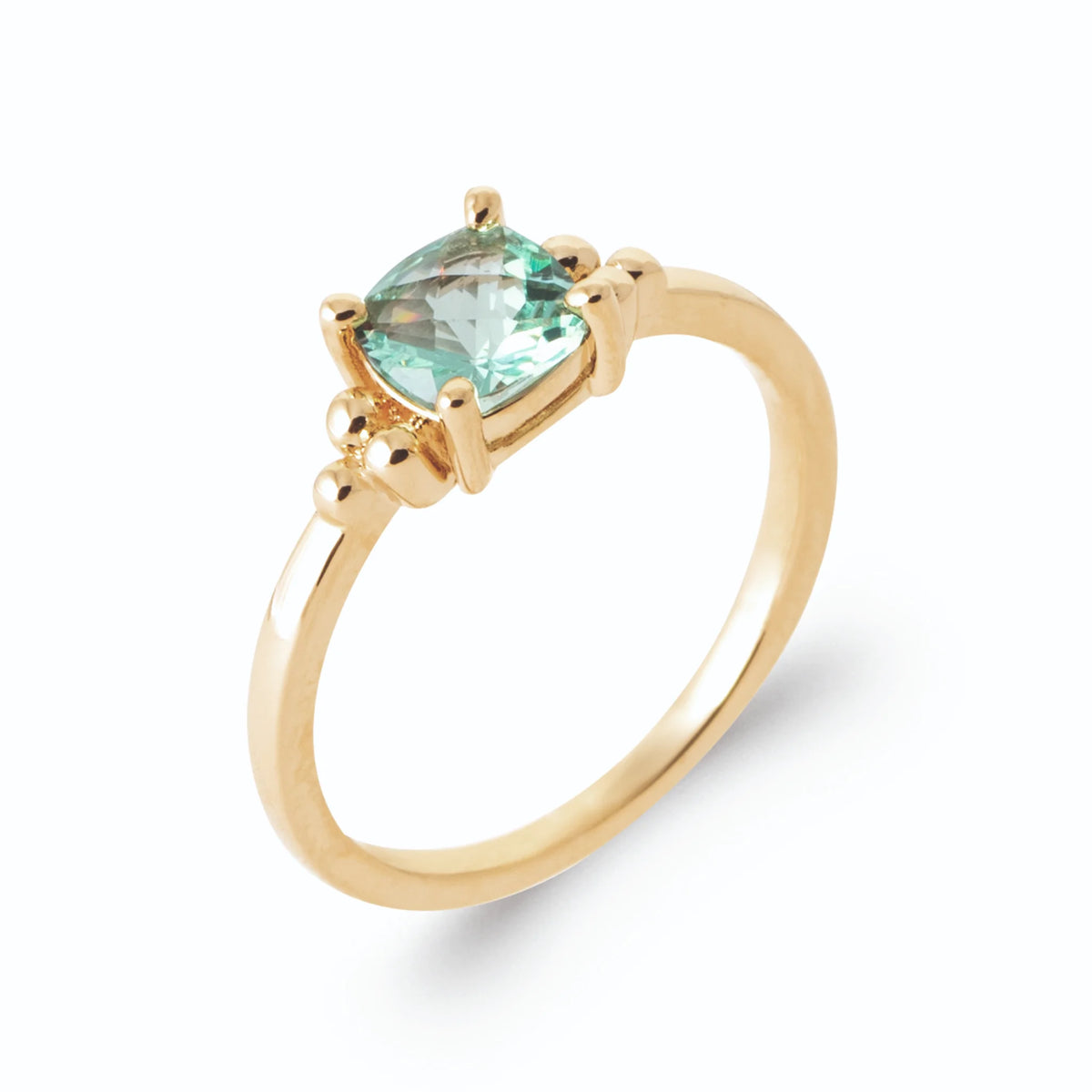 Bague pierre coussin vert d’eau et billes d’or en plaqué or