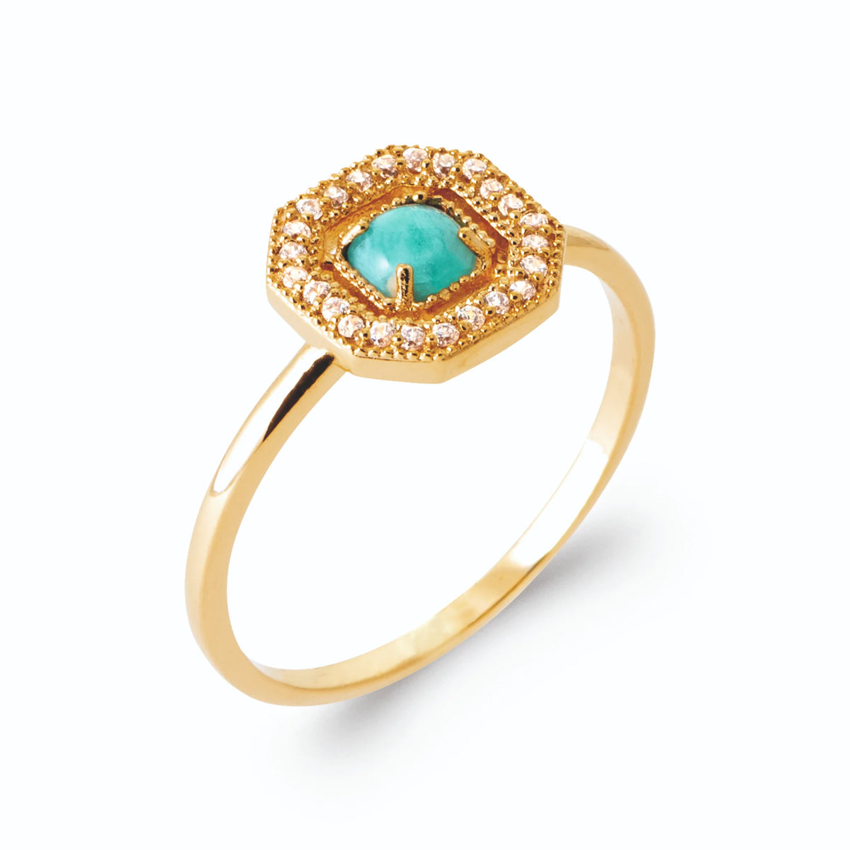 Bague pierre hexagonale vert d’eau marbrée et zircons en plaqué or