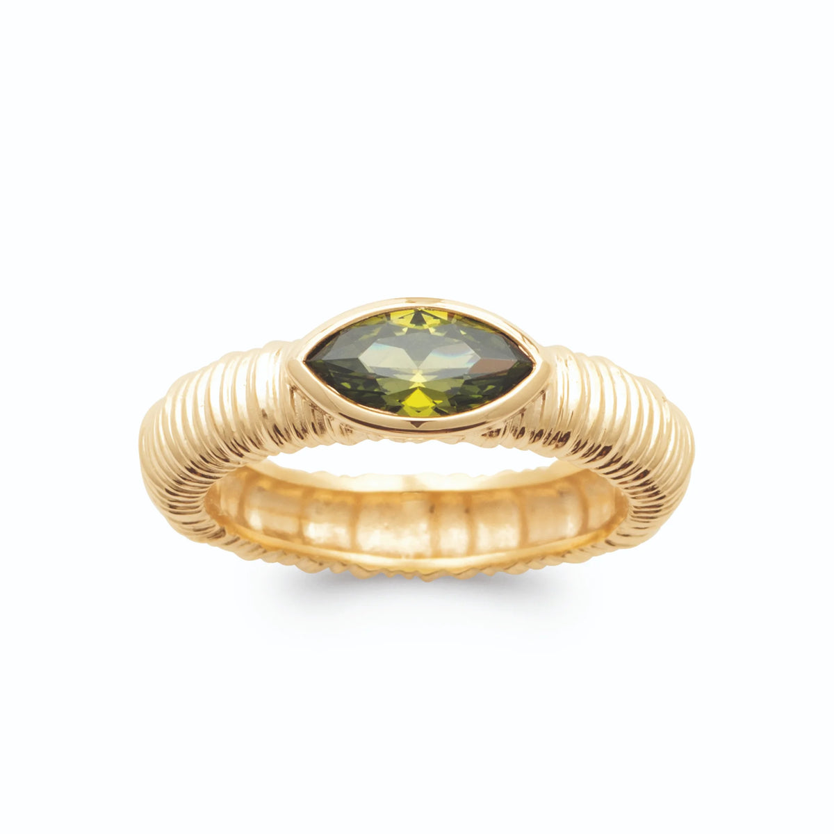 Bague pierre navette vert olive sur anneau côtelé en plaqué or