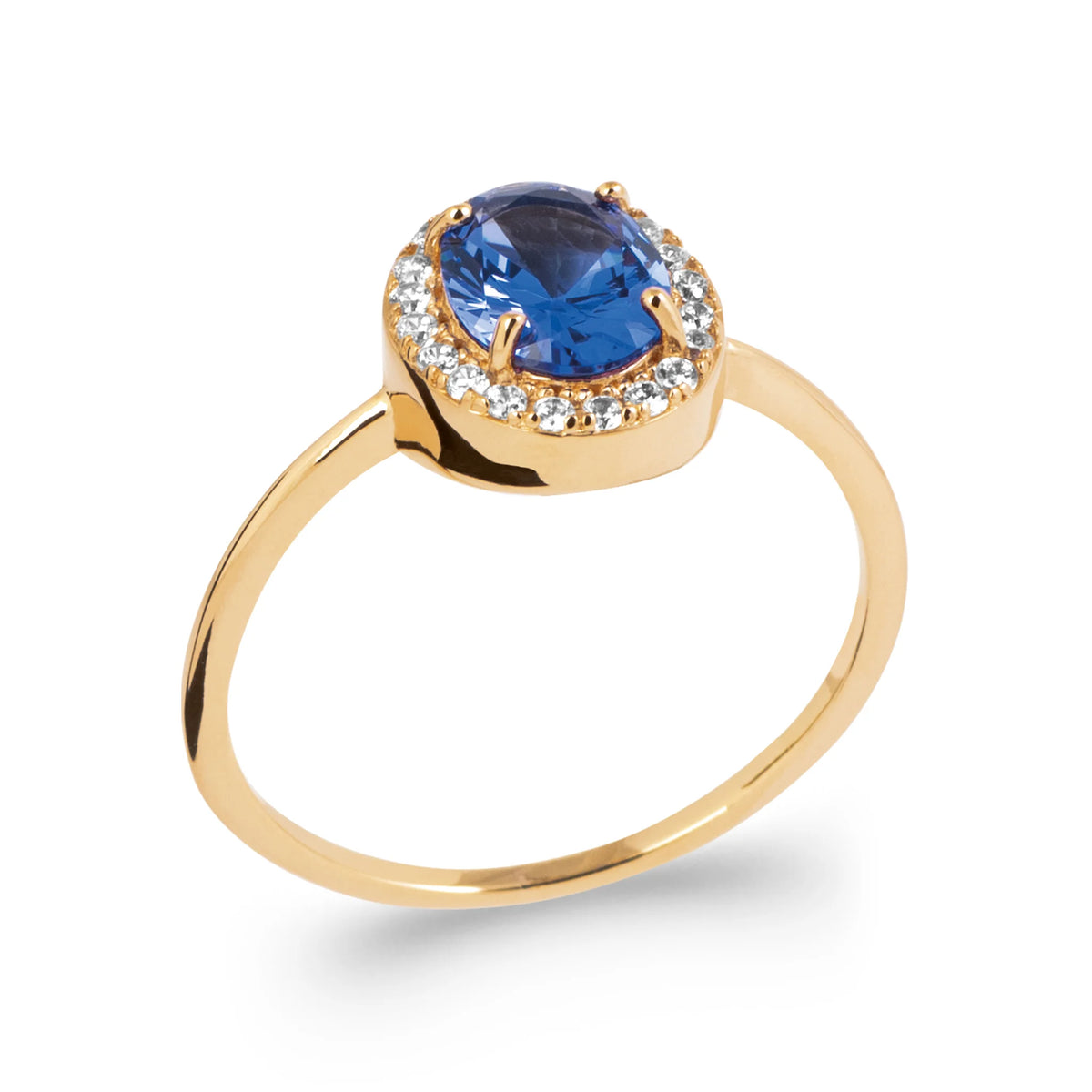 Bague pierre ovale bleu nuit entourage de zircons et anneau fin en plaqué or