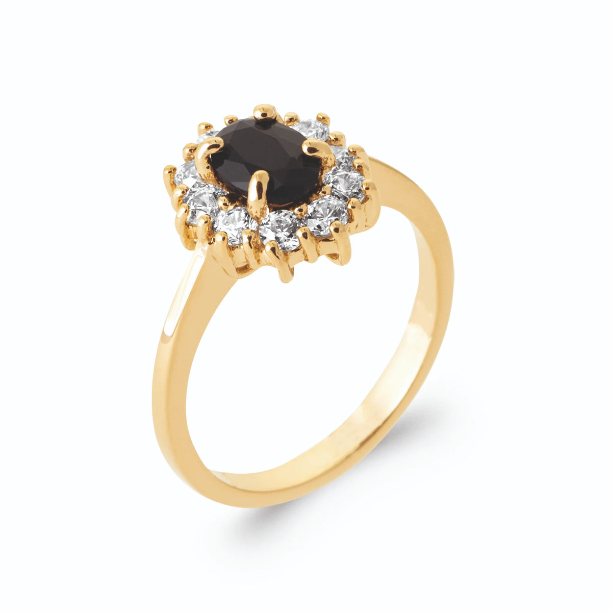 Bague pierre ovale noire corolle de zircons ronds en plaqué or