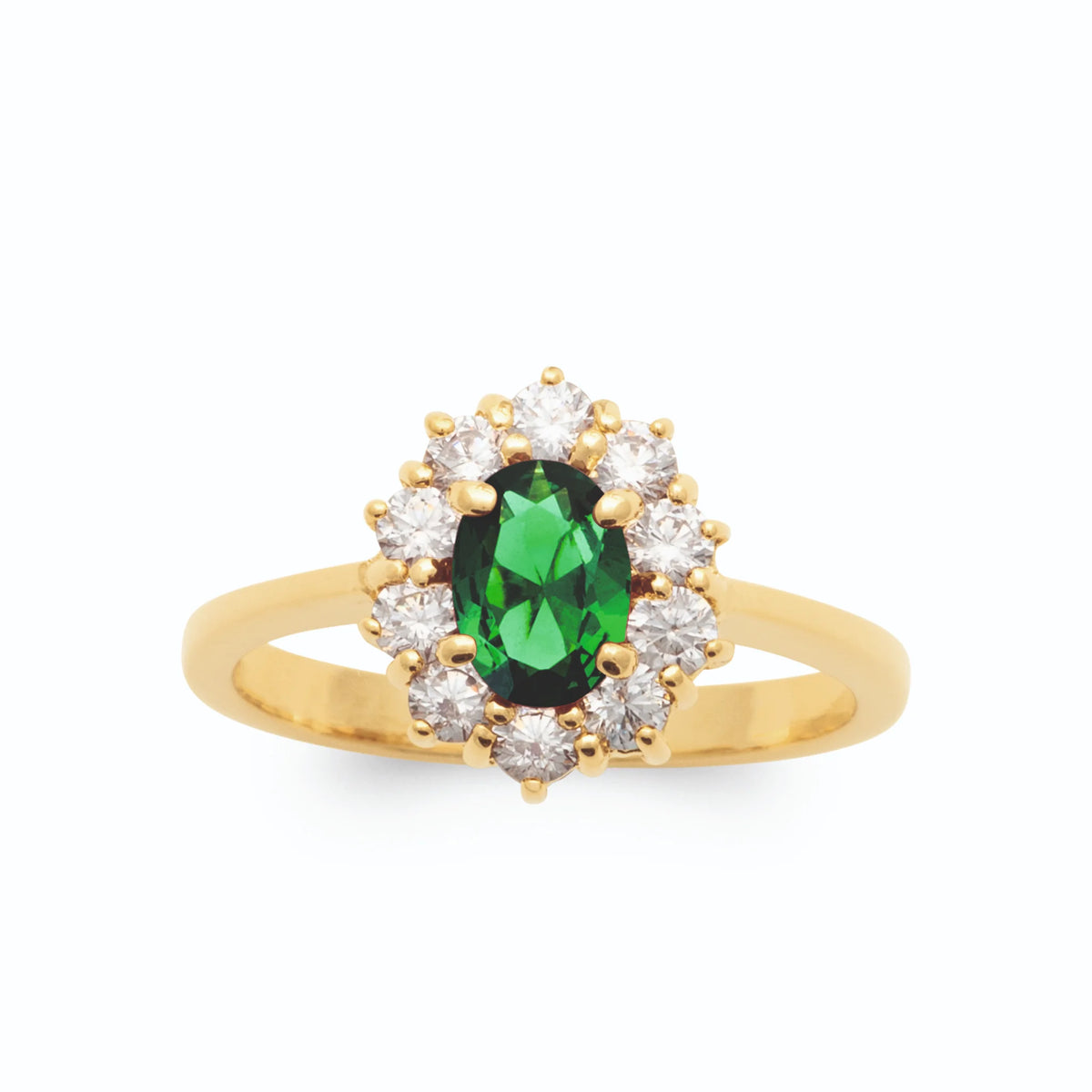 Bague pierre ovale vert intense entourage de zircons en plaqué or