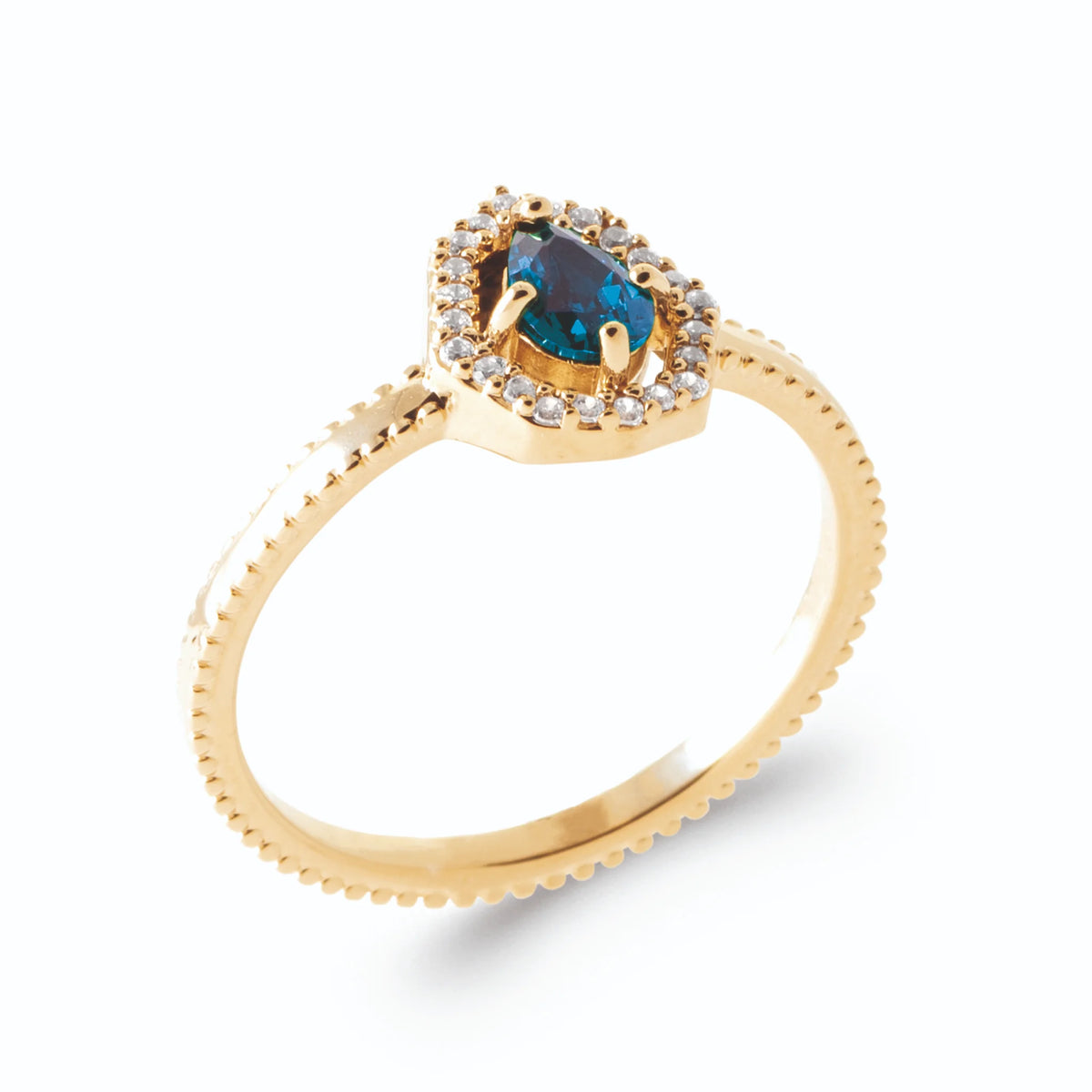 Bague pierre poire bleu nuit entourage perlé et anneau perlé en plaqué or