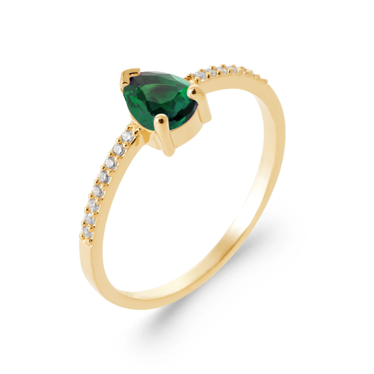 Bague pierre poire vert intense sur anneau demi-pavé en plaqué or
