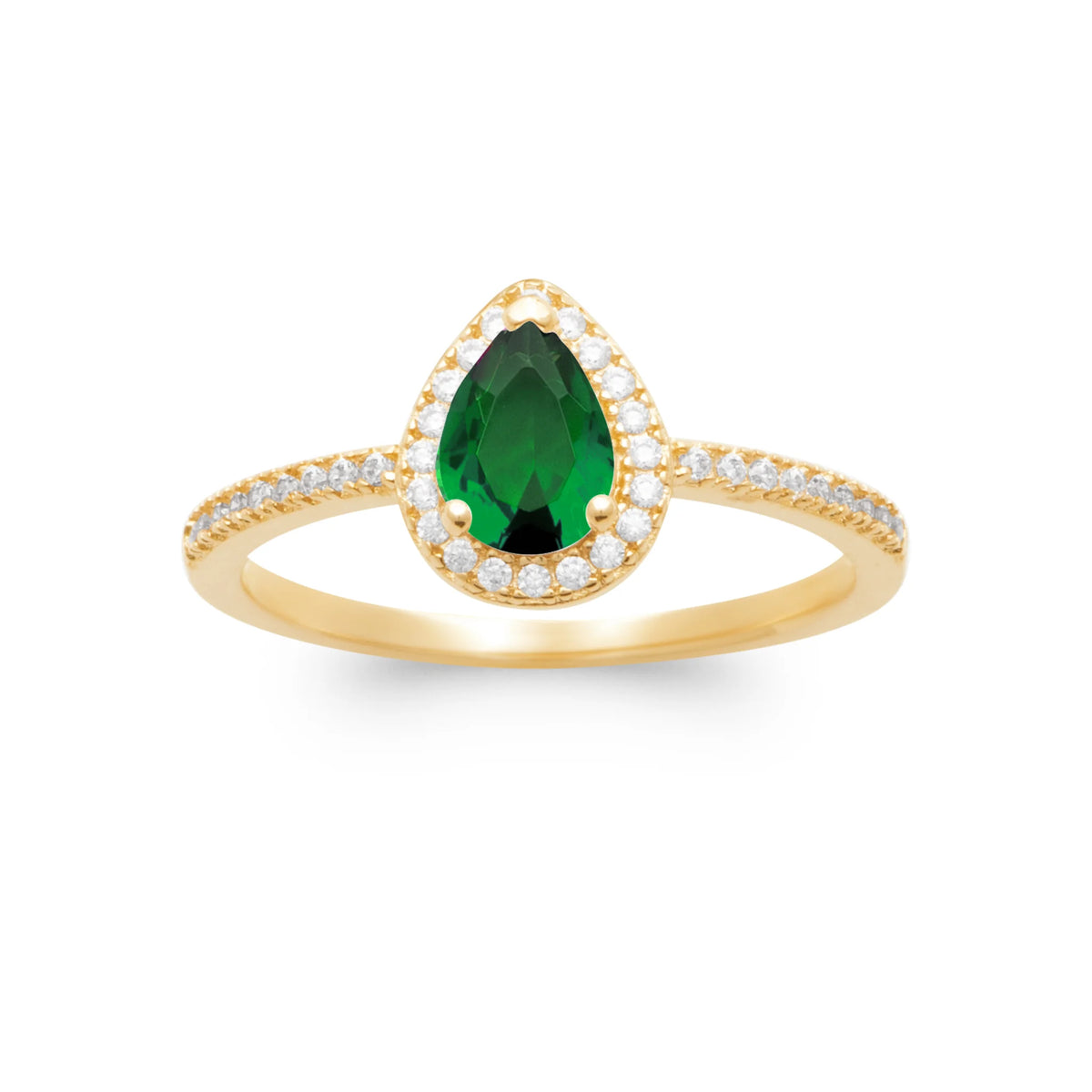 Bague pierre poire vert émeraude et entourage de zircons plaqué or, vue de face