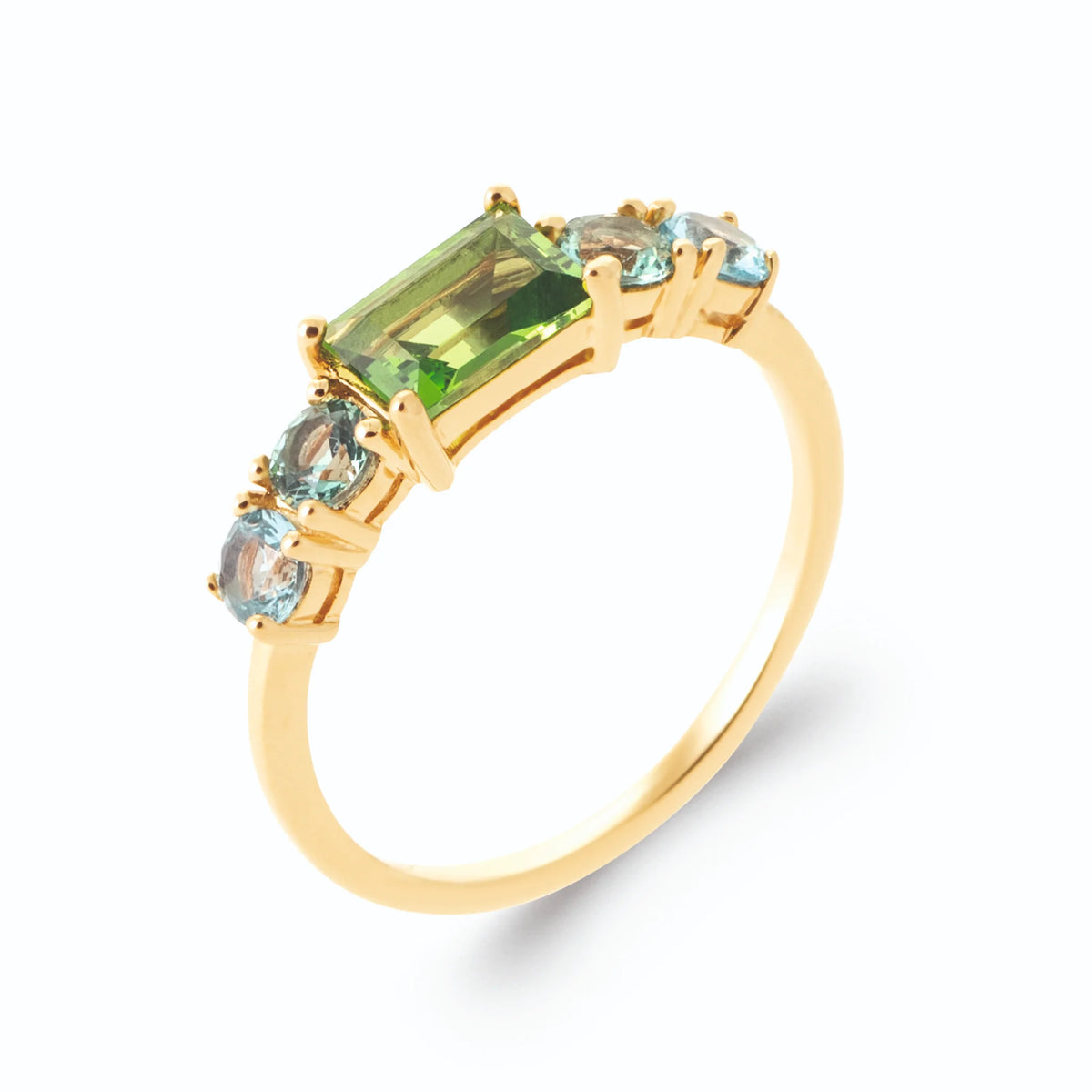 Bague pierre rectangulaire vert pomme et pierres bleu ciel en plaqué or
