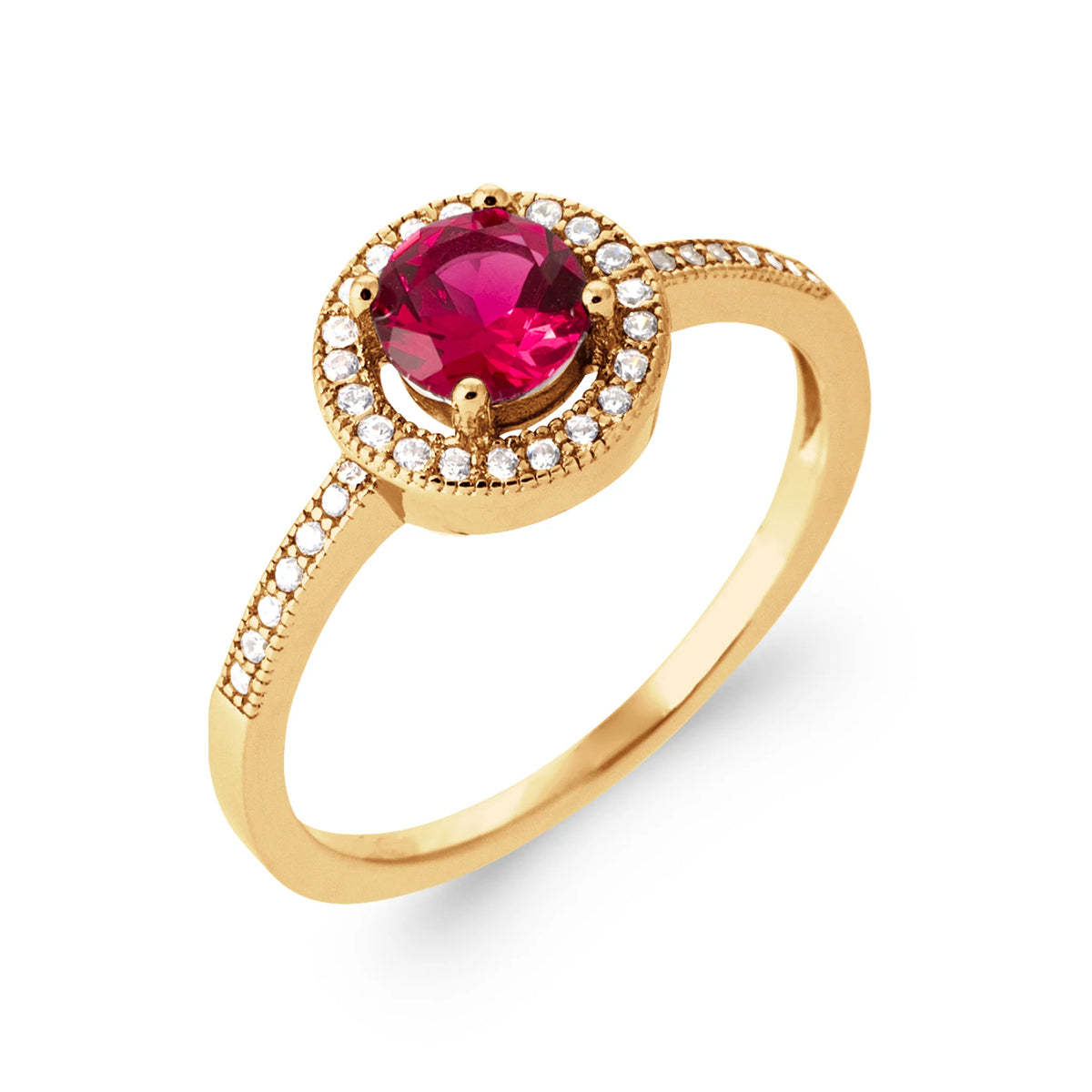 Bague pierre ronde rouge framboise entourage zircons et demi-pavé en plaqué or
