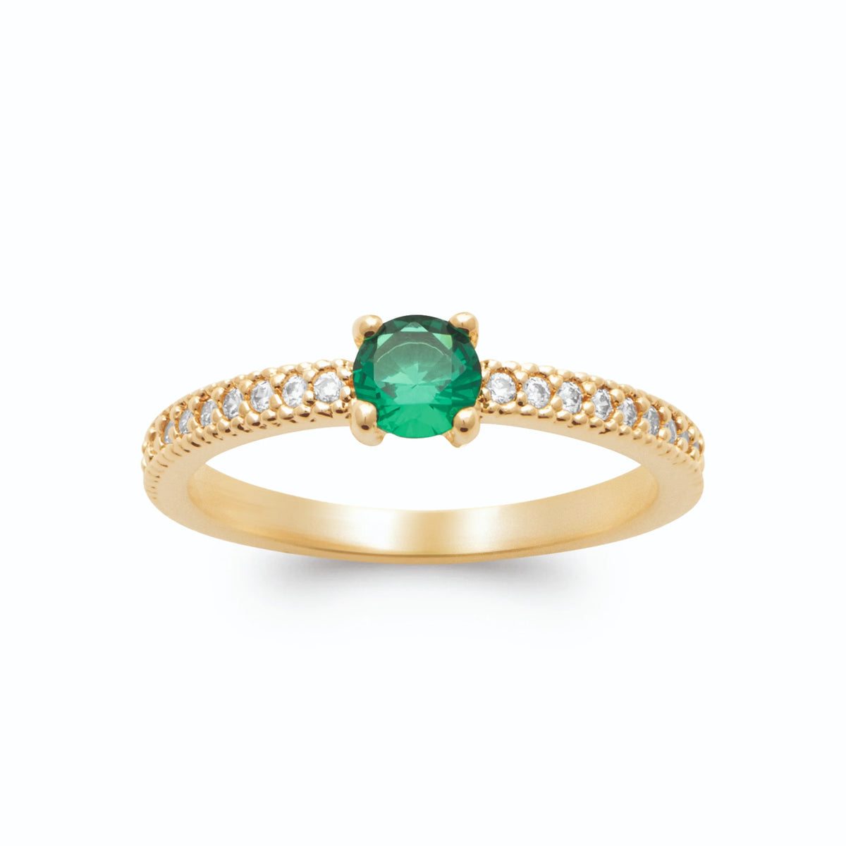 Bague pierre ronde vert intense sur anneau demi-pavé en plaqué or