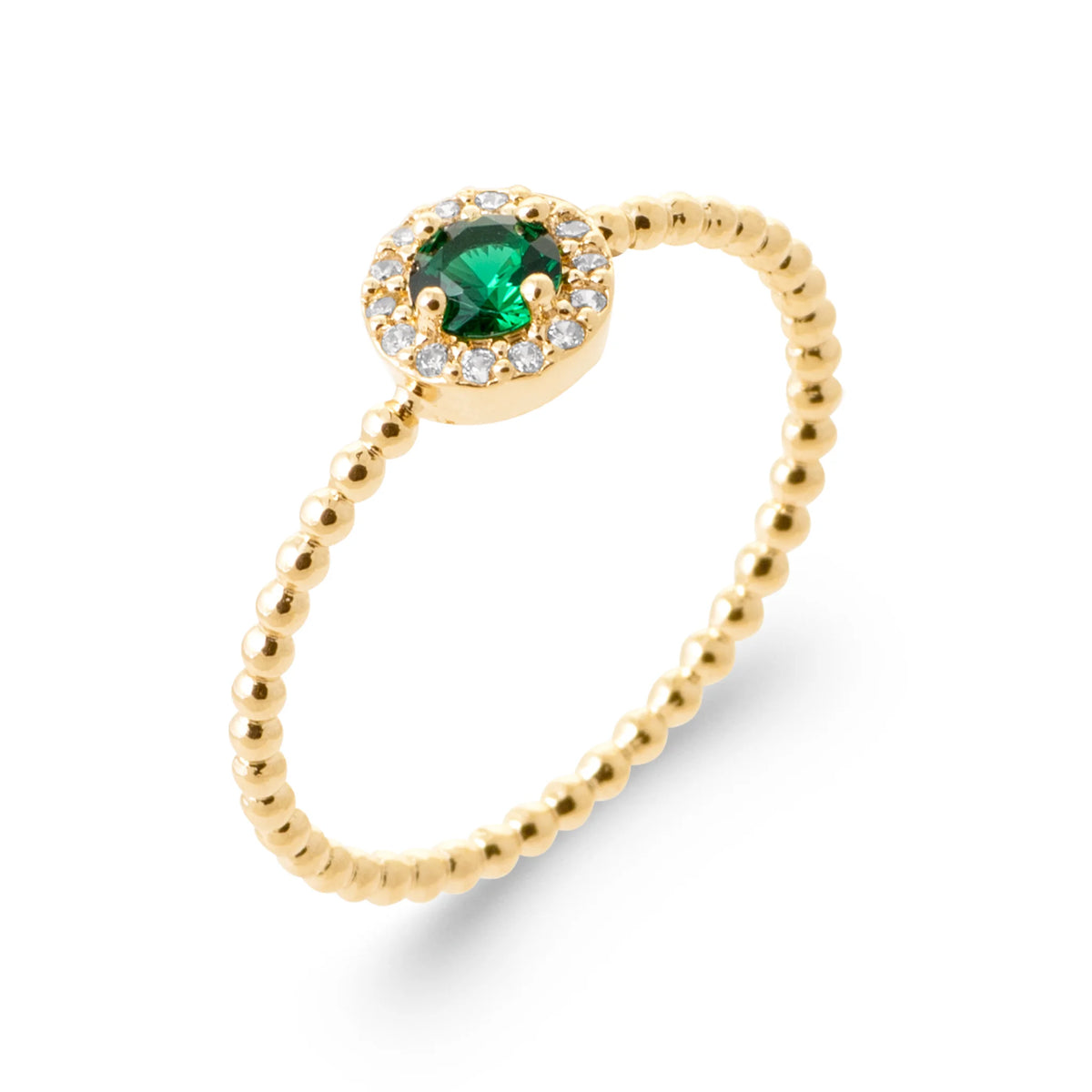 Bague pierre vert intense entourée de zircons et anneau perlé en plaqué or