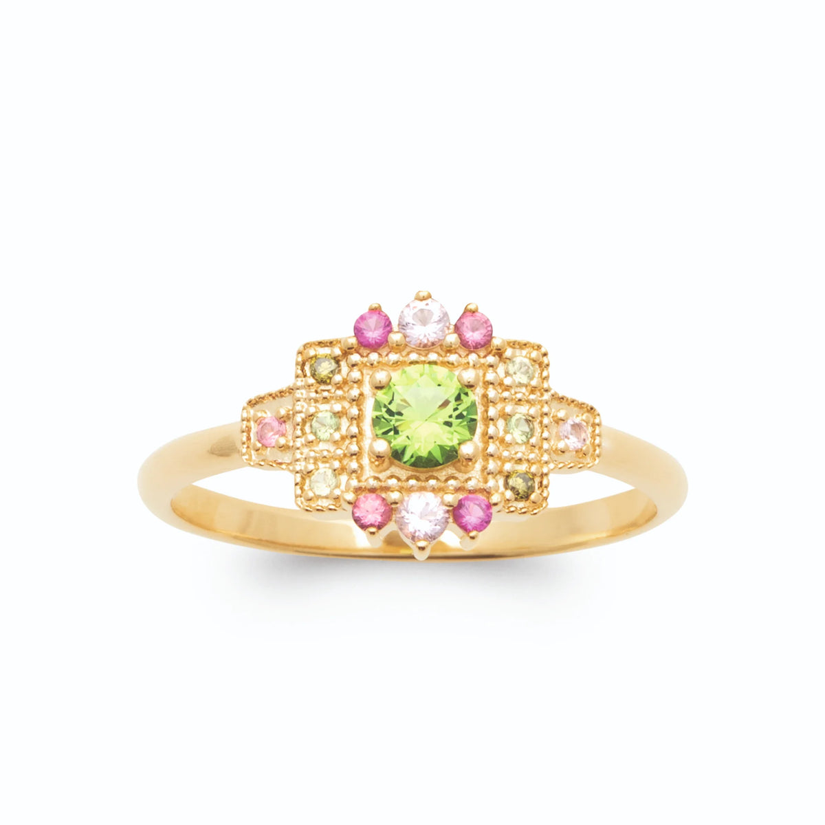 Bague plaque à gradins pierre vert pomme et petites pierres roses plaqué or, vue de face
