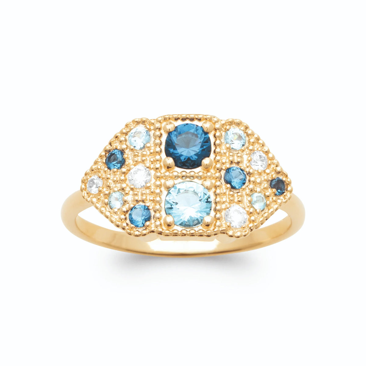 Bague plaque hexagonale mosaïque de zircons bleus et blancs plaqué or, vue de face