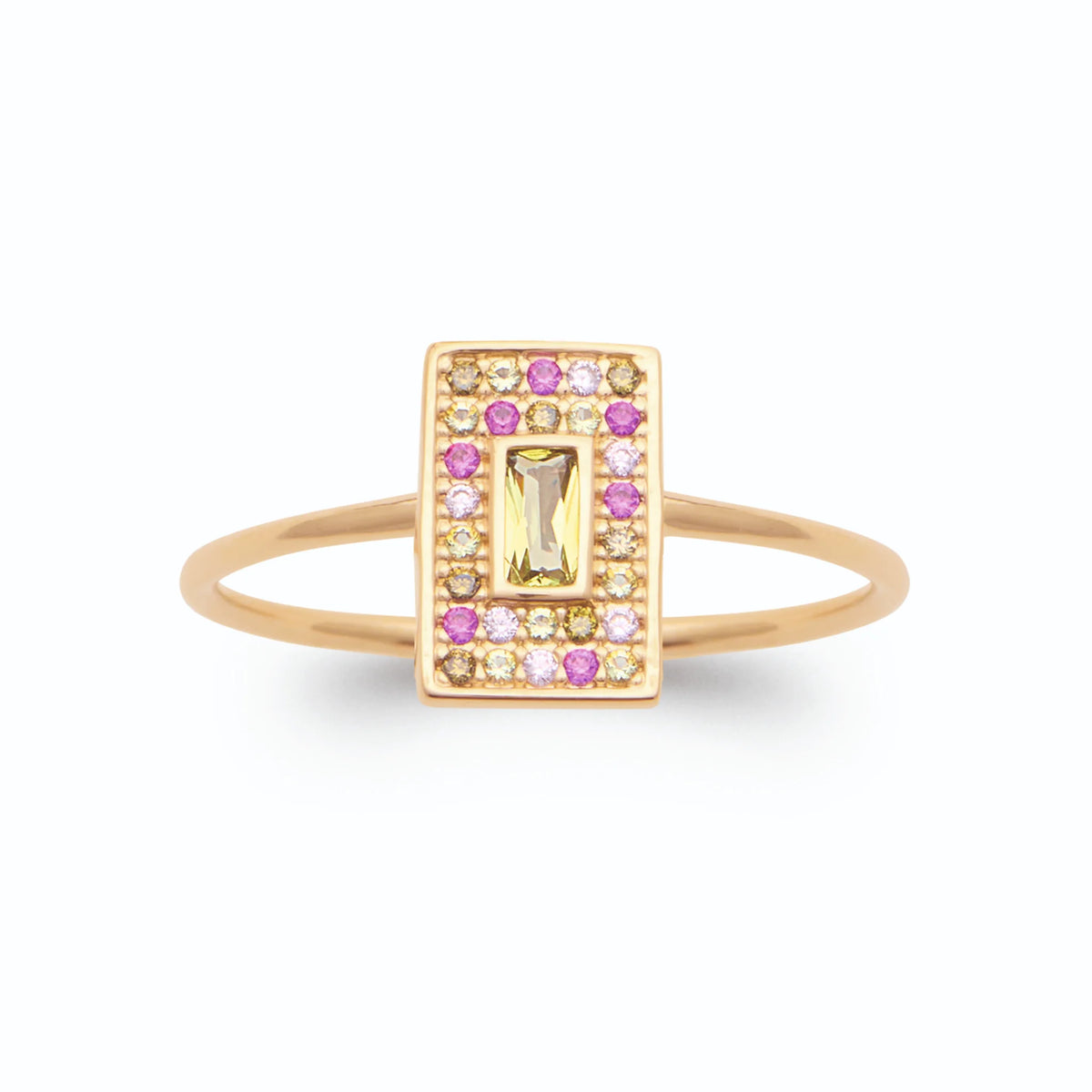 Bague plaque rectangulaire pierre baguette jaune et entourage rose plaqué or, vue de face